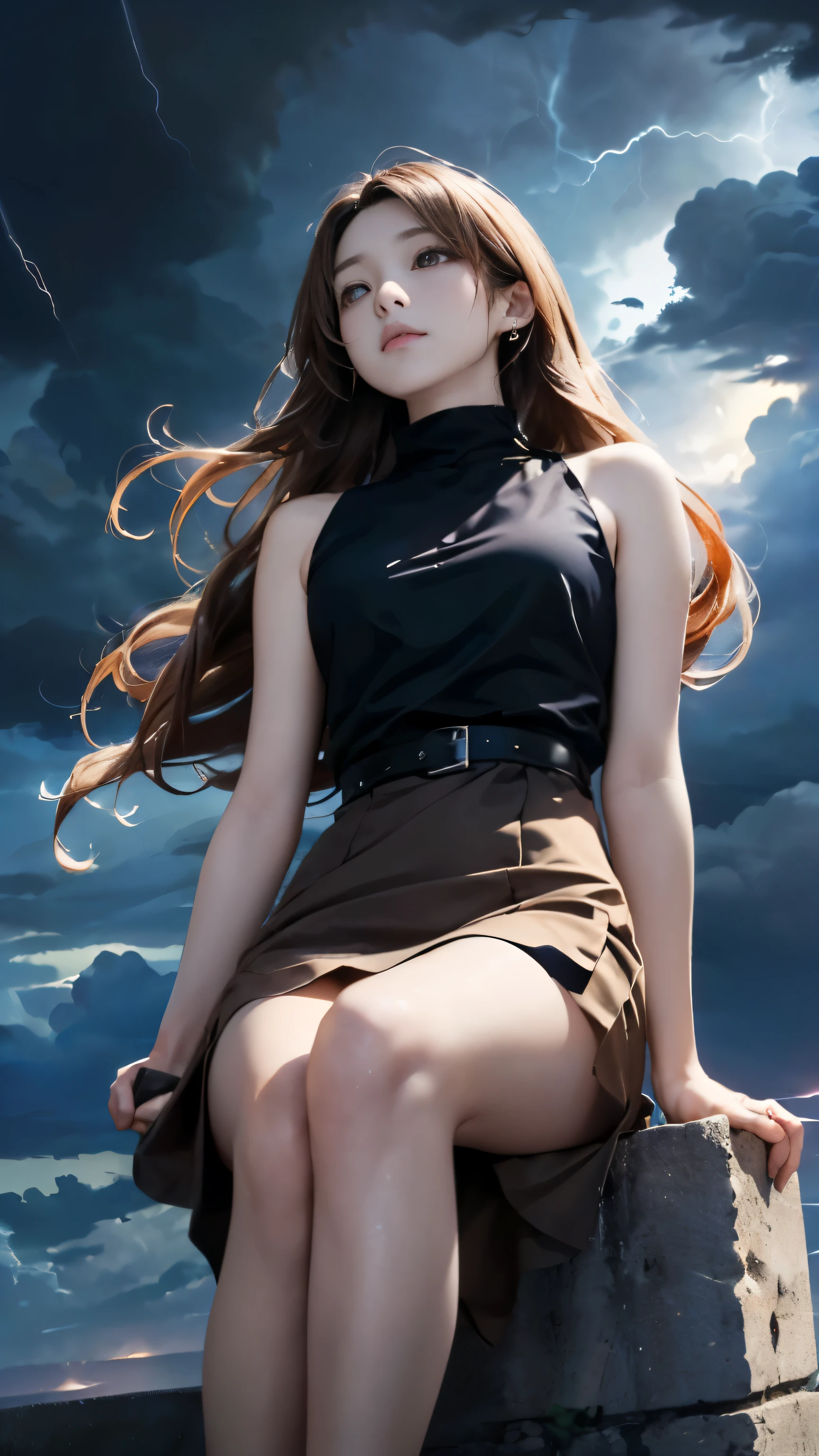 (((Masterpiece))),((top quality)),one beautiful girl,Pale, (A character that personifies Arashi.: 1.5), (((My long hair gets tousled in the storm:1.5)))、((Expressing strong wind:1.5)))、(belly button)、(The hem of my brown dress is blown up violently by the wind.:1.5),(plain clothes), (skin revealing),(The background is darkness with black clouds 1.5).(((from the front:1.5)))、(straight front: 1.5)、((sit:1.5)))、