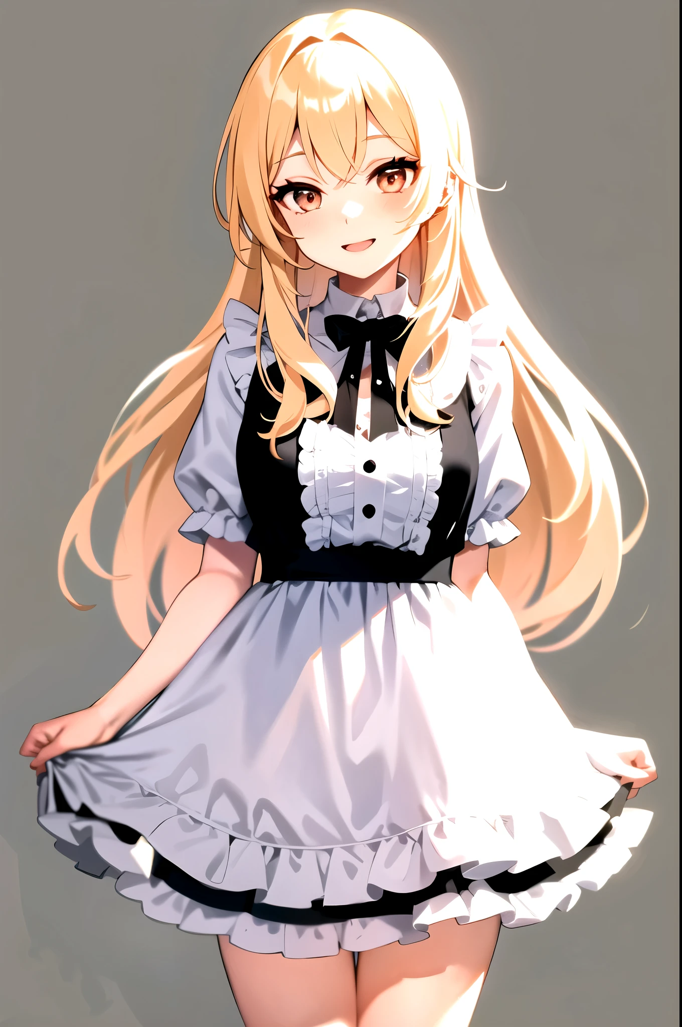 open your mouth and laugh, Cafe , blonde , long hair , looking at the viewer, cowboy shot, Are standing, 1 girl, upright , Black and white clothes, frills , No pose , (simple background) , take no pose