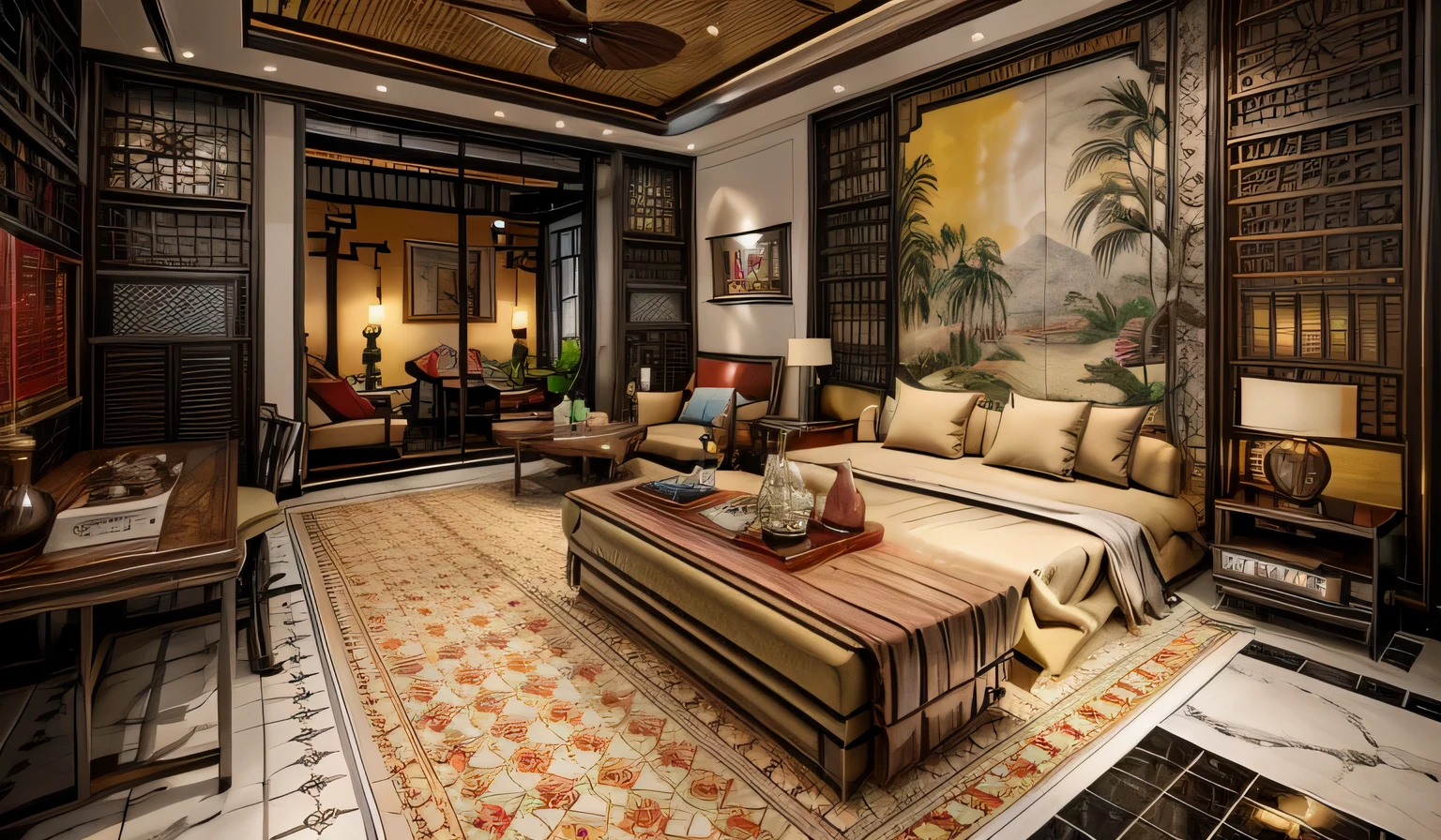 Raw photo, Masterpiece, high quality, best quality, authentic, super detail, interior, indoors, indochine livingroom with couch,rug, coffe table, dark tile floor, (sunset:1.1), vivid color, vray,