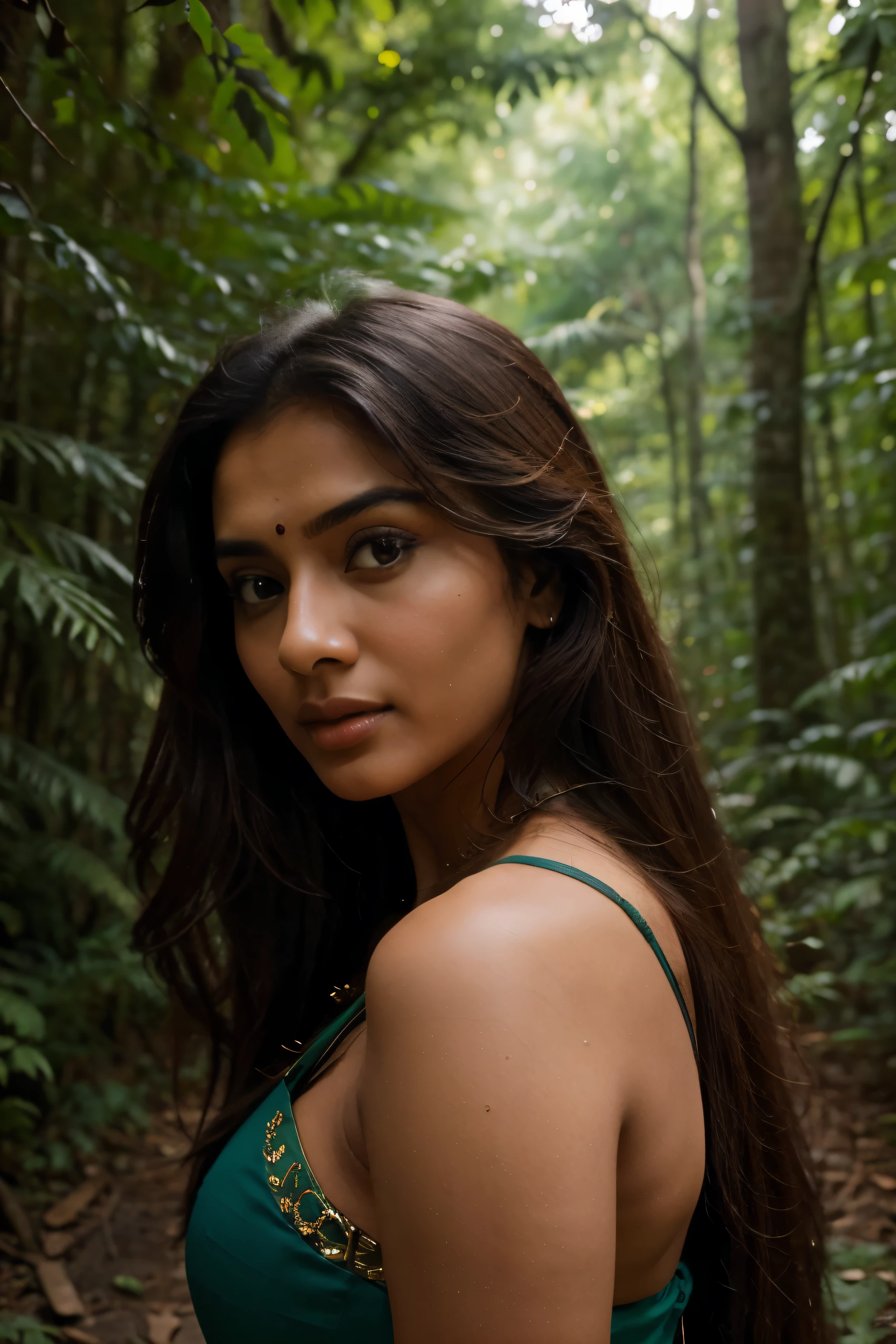 a indian woman posing for a picture, indian, traditional beauty, indian, beautiful goddess, ornate cosplay, indian style, indian super model, beautiful maiden, gorgeous woman. The person should have a Serious and Professional expression, and be posed {Looking Over the Shoulder: Creates a sense of mystery or allure.). They should be wearing (outfit) , Pay attention to realistic details in hair, including length, color, and style. The background should be {Lush Forest: Implies a love for nature and adventure.), complementing the overall scene. Ensure that the lighting is natural and harmonizes with both the subject and the background, creating a cohesive and visually appealing profile picture that could be mistaken for a professionally taken photo graph.