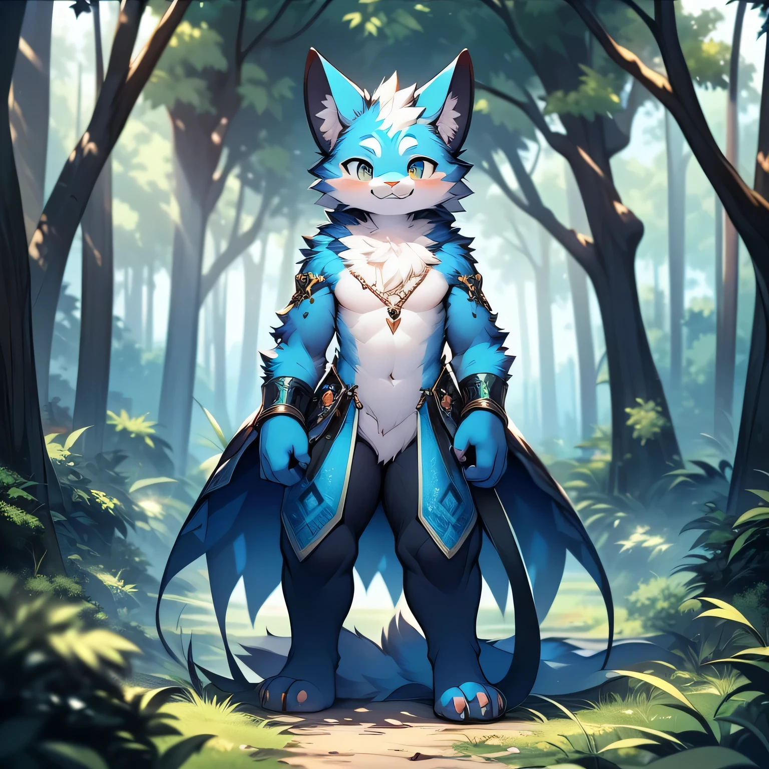 anthropomorphic cat，fluffy fur，Blue patterned fur embellished，Handsome，Males，Alone，masterpiece，super high quality，in the forest，Smiling with bared teeth，Energetic，rich in detail，standing，perfect，Whole body naked
