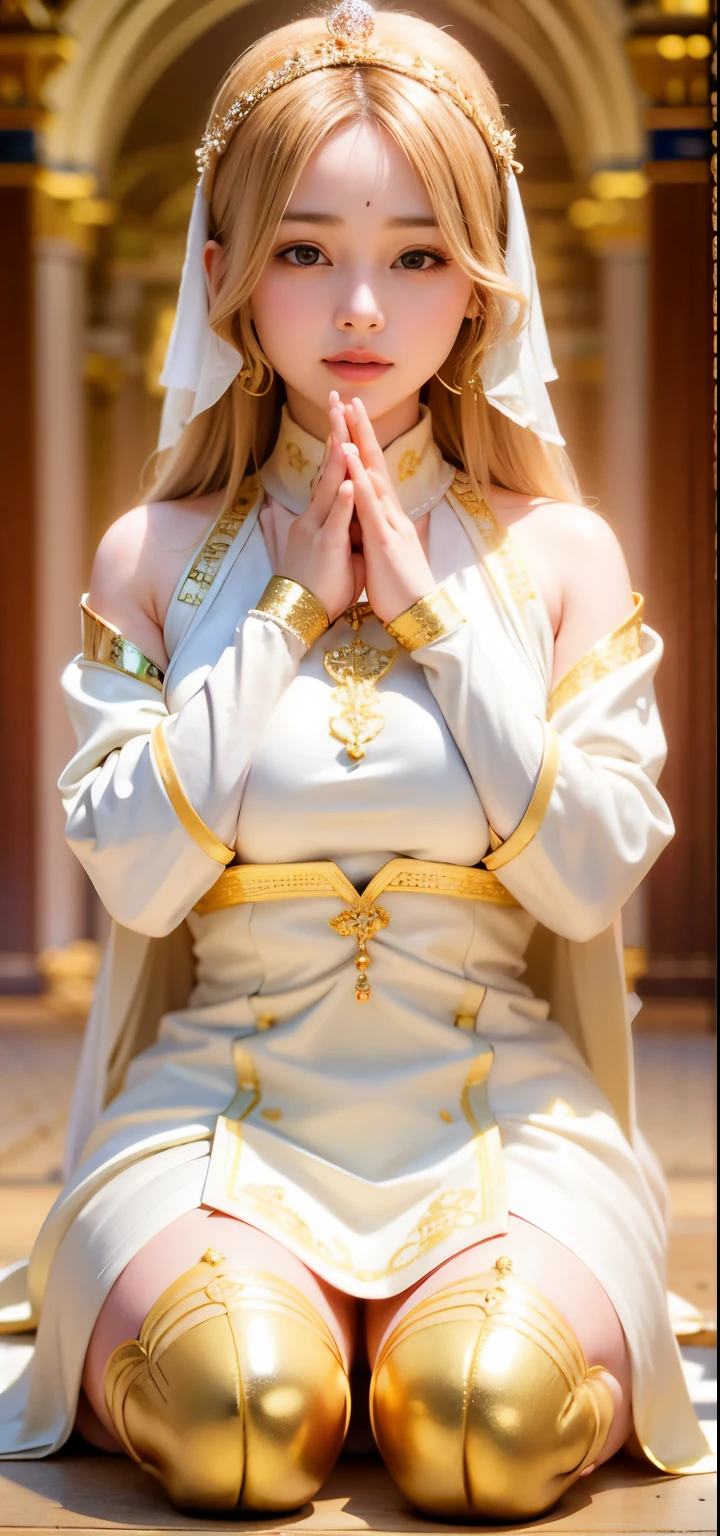 1 girl、highest quality、masterpiece、超A high resolution、(Photoreal:1.4)、Raw photo、god々々女godシビット、(15 year old beautiful girl face)、straight long hair、glowing skin、dramatic、(Golden see-through competitive swimwear)、(golden transparent fluttering robe)、(Golden Buddha Statue)、(Golden Canyin Bodhisattva Statue)、((golden berry small tiara))、(pray)(Are standing全身)、((delicate fingers、delicate hands))、(delicate feet)、(big and full breasts、Neatly raised bust)、(rocket tits)、((golden garter stockings))、((ancient greece golden temple))(golden wall decorated with gold)、(blur the background)、(I can see one boob、I can see the big 、 stand)、(Woman praying)、(pray with Your Hands Together)、full body、Are standing、pray with Your Hands Together、delicate face、delicate hands、delicate feet、body anatomy、welcome、Looking at the front、黄金のギリシャgod殿、、