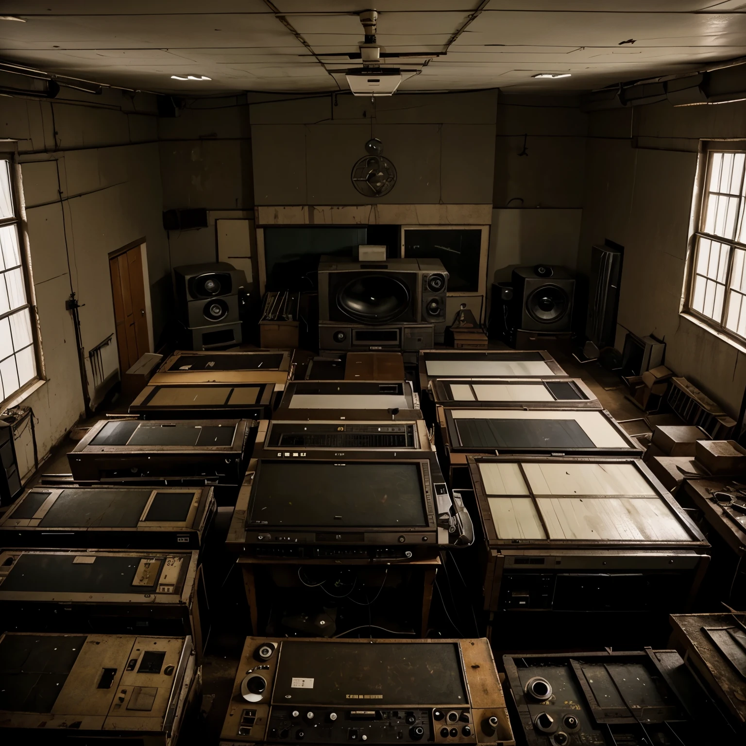 A bit blurry photo of a huge old studio that's dark and dusty that is being looked at from above and the studio has a lot of old televisions, no windows