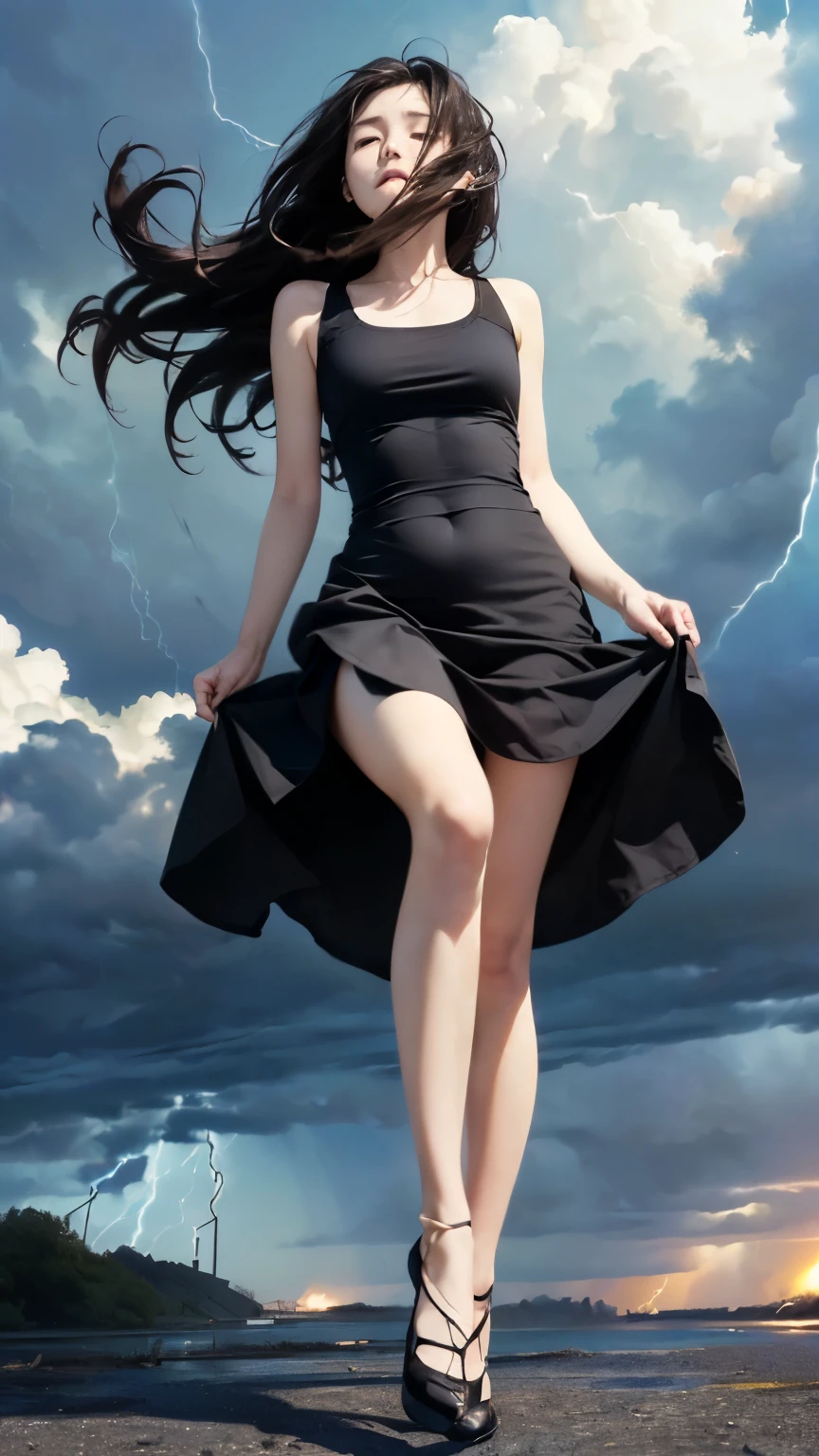 (((Masterpiece))),((top quality)),one beautiful girl,Pale, (A character that personifies Arashi.: 1.5), (((My long hair gets tousled in the storm:1.5)))、((Expressing strong wind:1.5)))、(belly button)、(The hem of my brown dress is blown up violently by the wind.:1.5),(plain clothes), (skin revealing),(The background is darkness with black clouds 1.5).(((from the front:1.5)))、(straight front: 1.5)、((Lie down and raise one leg:1.5)))、