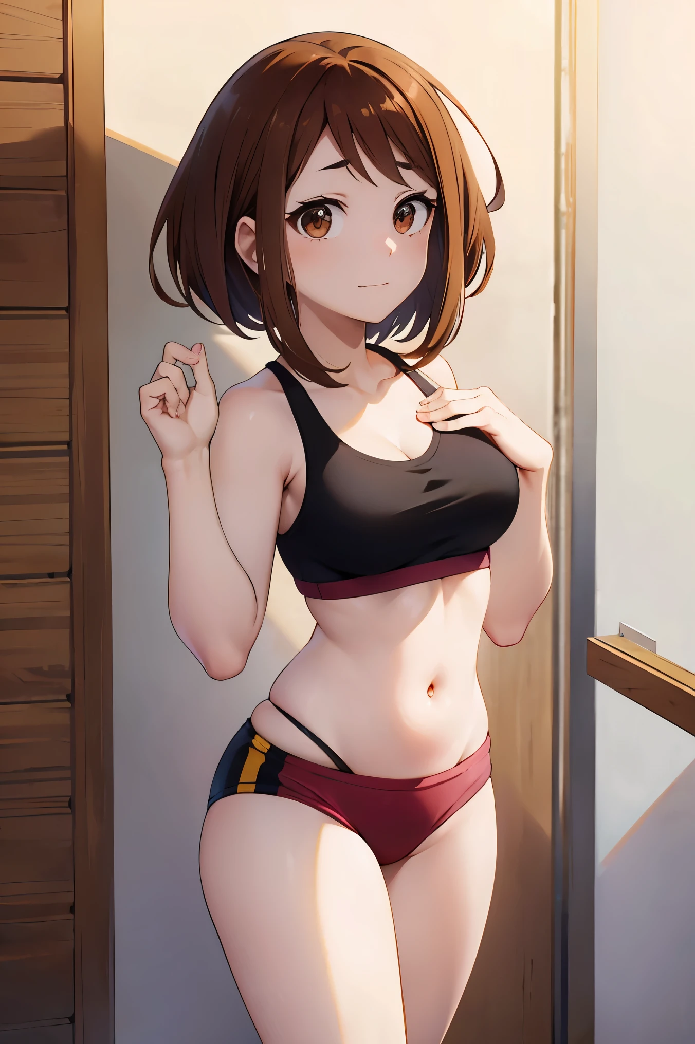 ochaco_uraraka, happy, brown hair, brown eyes, media breast, tank top, stomach, navel, bikini , Full body