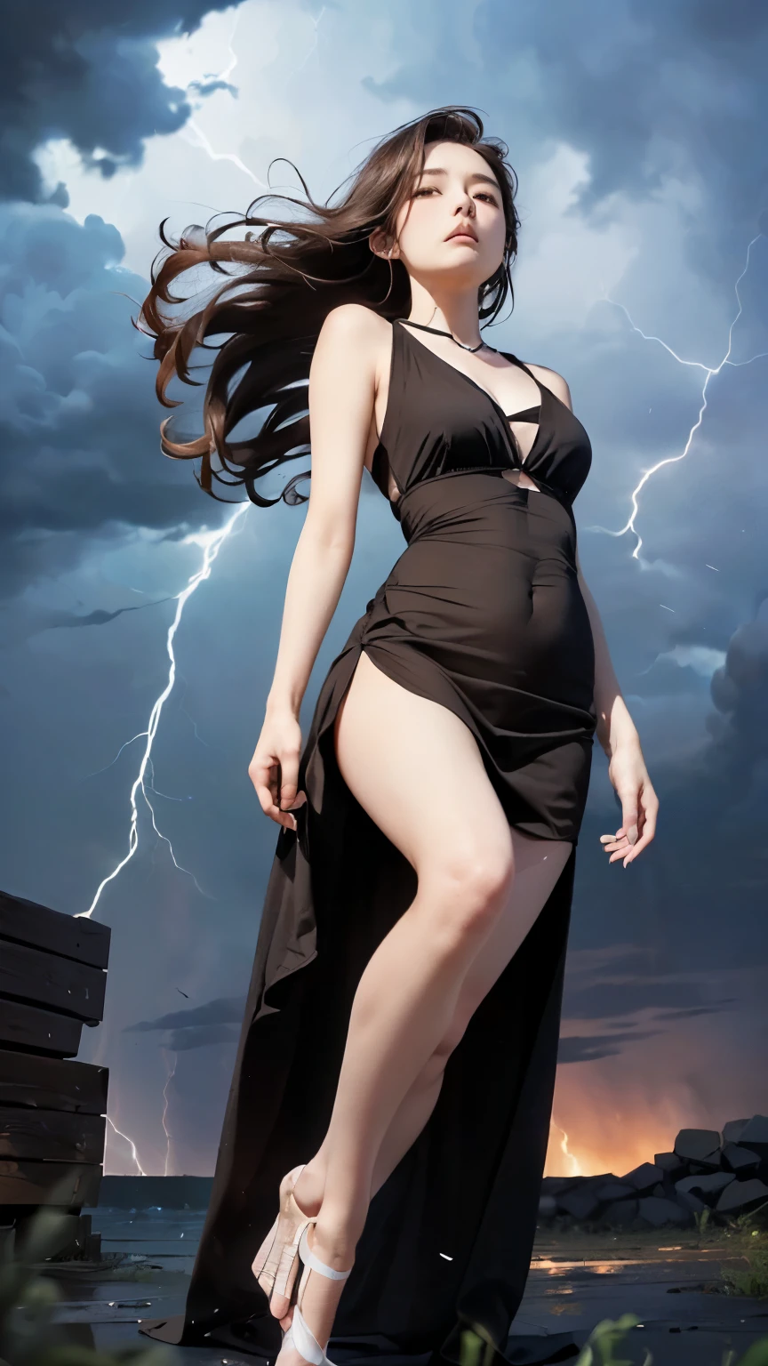 (((Masterpiece))),((top quality)),one beautiful girl,Pale, (A character that personifies Arashi.: 1.5), (((My long hair gets tousled in the storm:1.5)))、((Expressing strong wind:1.5)))、(belly button)、(The hem of my brown dress is blown up violently by the wind.:1.5),(plain clothes), (skin revealing),(The background is darkness with black clouds 1.5).(((from the front:1.5)))、(straight front: 1.5)、((Lie down and raise one leg:1.5)))、