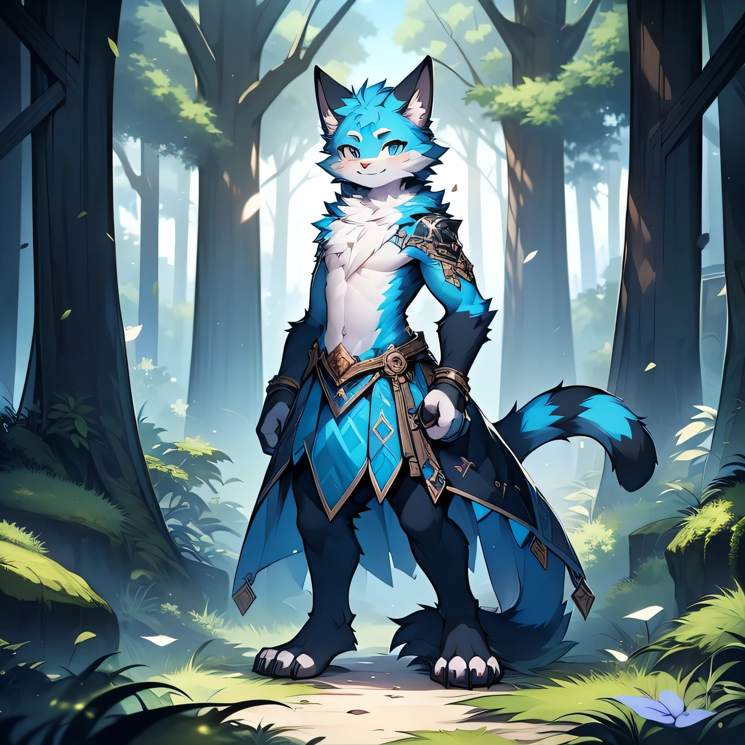 anthropomorphic cat，fluffy fur，Blue patterned fur embellished，Handsome，Males，Alone，masterpiece，super high quality，in the forest，Smiling with bared teeth，Energetic，rich in detail，standing，perfect，Whole body naked