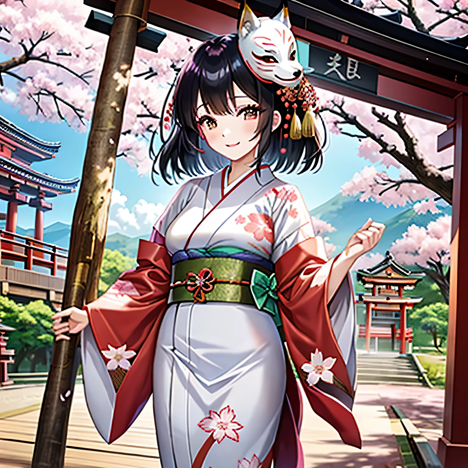 In the precincts of a shrine celebrating the arrival of spring, Inari-sama stands in the center, dressed in a red and white kimono. Her gentle smile is in harmony with the surrounding nature as she gently reaches out and grabs a piece of cherry blossom petals as they dance in the wind. At that moment, soft spring light illuminates her face and the shadows highlight the pattern of her kimono. The viewpoint is slightly lower, looking up at Inari-sama, emphasizing her dignity and grace. In the background are cherry blossoms in full bloom and an old-fashioned wooden shrine, evoking the beauty of history and nature. Her hair is long and black, blowing in the wind, and she holds a sacred staff in her hand and a fox mask at her waist. Her figure is lithe and strong, expressing the joy of spring in a style that combines classic Japanese beauty with a modern essence.