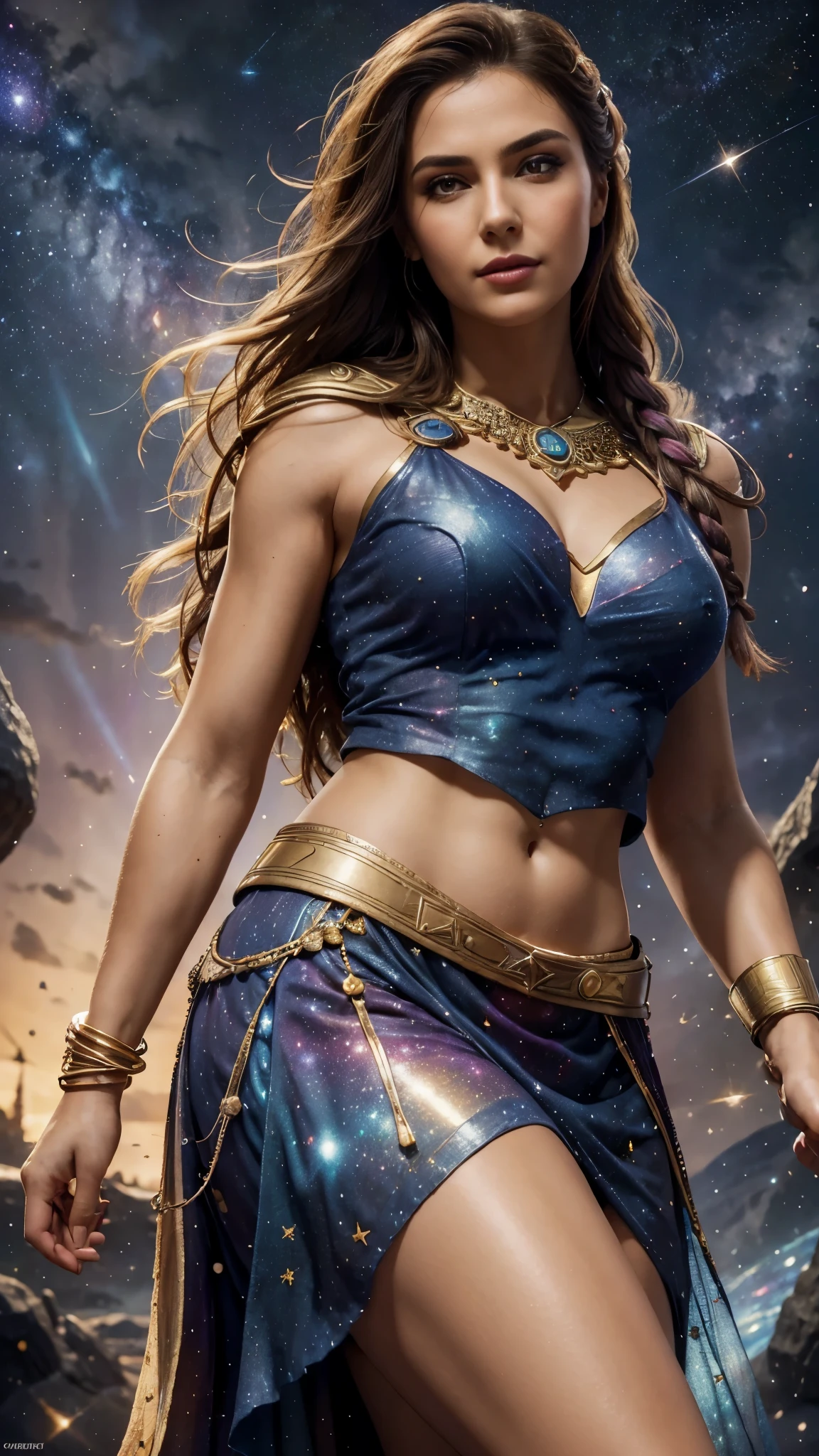 High detail, super detail, super high resolution, Kassandra, enjoying her time in the dream galaxy, surrounded by stars, warm light sprinkled on her, full body, background is starry sky with colorful galaxies and galaxy clouds, stars flying around her, delicate face, playful atmosphere,