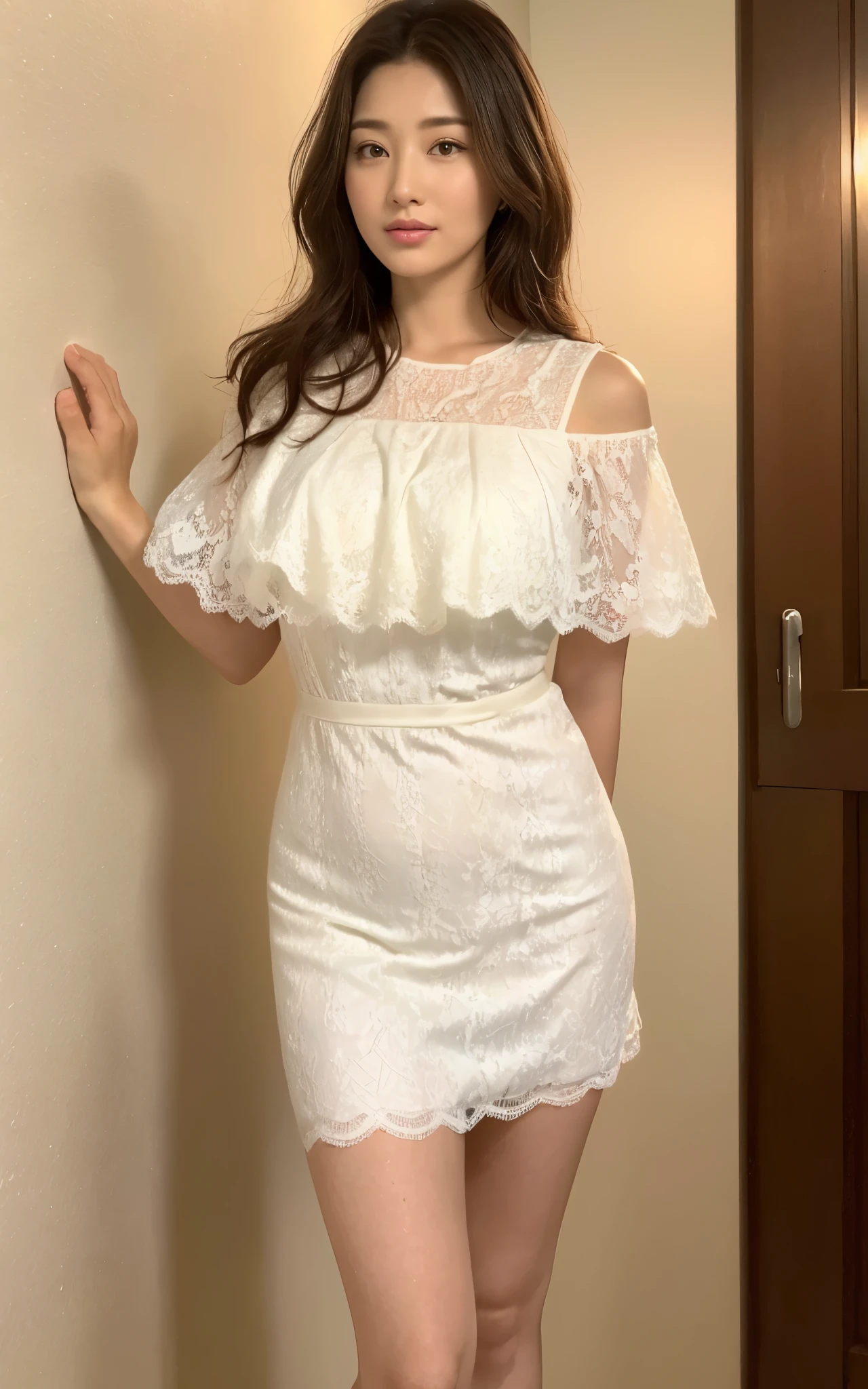((midynight, Need, 8K, tmasterpiece:1.3)), full bodyesbian, Long legs, Focalors:1.2, perfect figure beautiful woman:1.4, ((Dark brown hair)), (White lace dress, Scallop-shaped hem, standing on your feet:1.2), ((sobu)), Highly detailed facial and skin texture, A detailed eye, double eyelid,Beauty,Wavy hair, Wrinkles at the corners of the eyes, to emphasize, (Big breasted 1.2), aged 40, Wrinkled eyes,