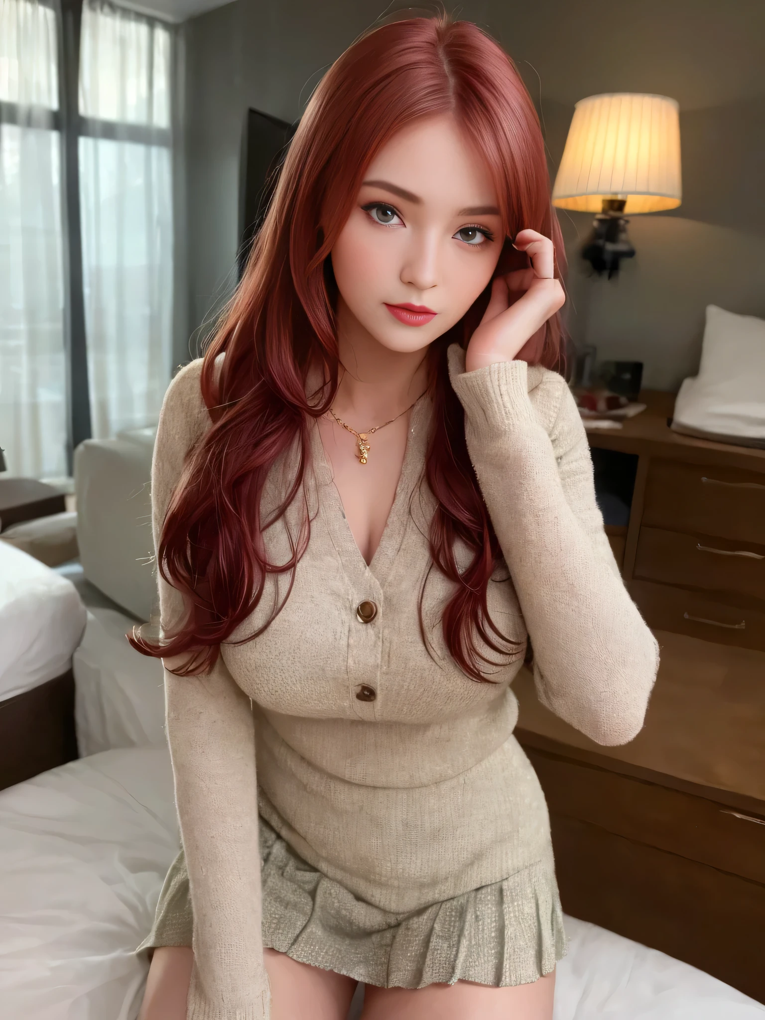 nordic young woman, cute face, seductive, best quality, masterpiece, Japanese uniform with pleated mini skirt, golden hour, detailed textures, long braded hair, sitting on bed, posing, intimate pose, hotel room, interior, [blush], aesthetic, intricate, caustics, light rays, sunlight, (((soft lips))), (((glossy lips))), highly detailed, (semi-realistic:1.2), niloudef, red hair