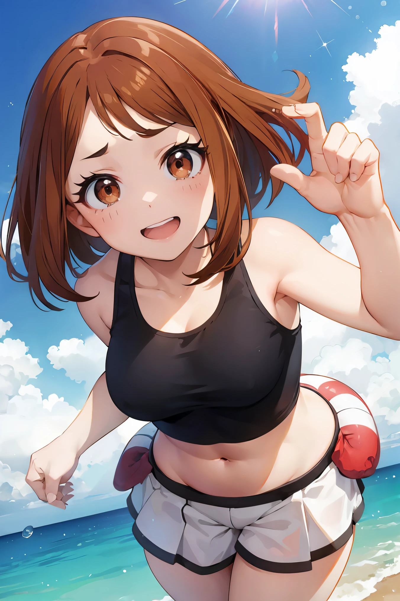 ochaco_uraraka, happy, brown hair, brown eyes, media breast, tank top, stomach, navel, bikini , Full body