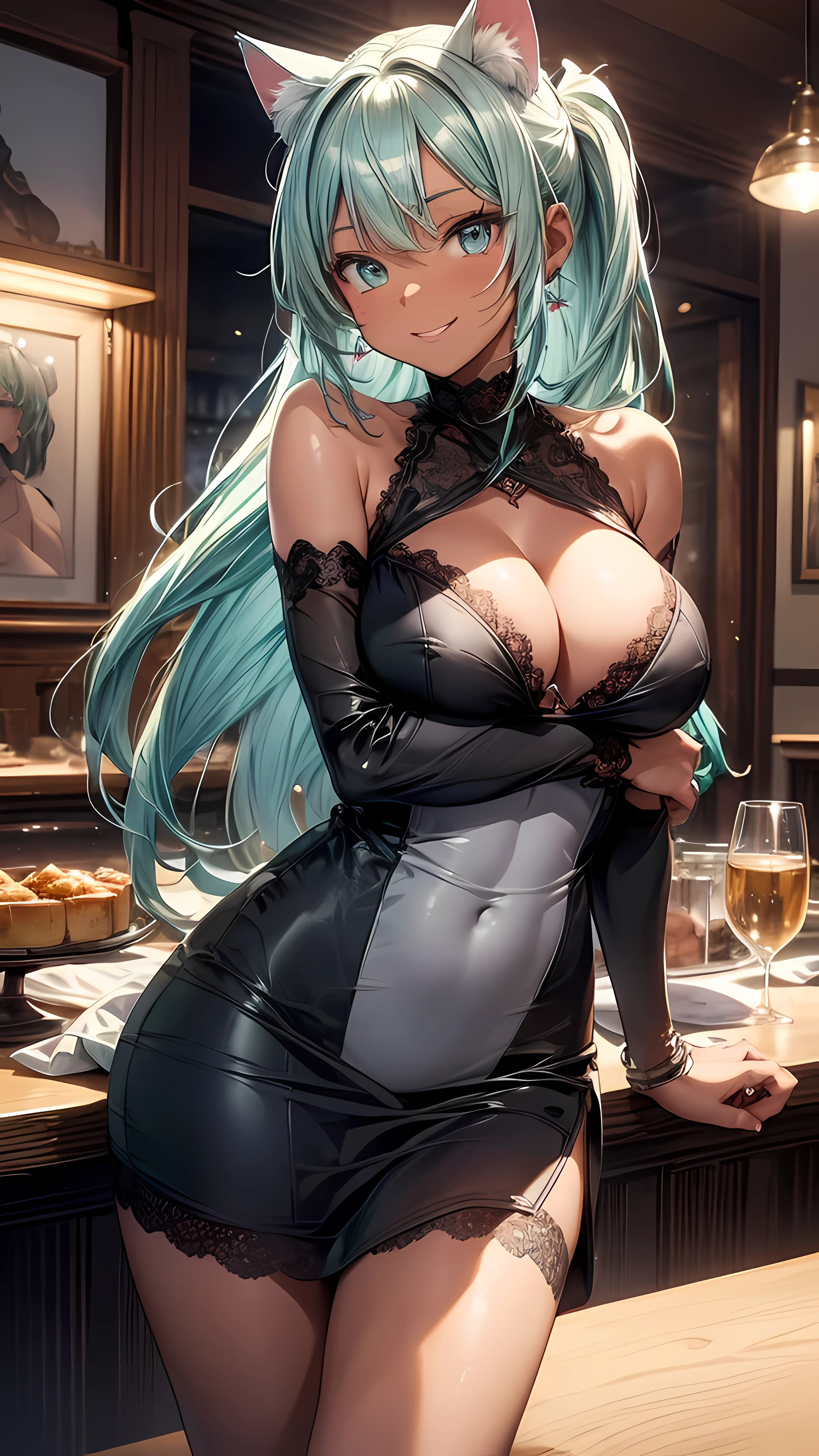 POV: Looking down at face and breasts, 1 female, dark skinned cat girl, (((dark skin))), (((mint colored cat ears))), ((appearance: subtle jewelry, silver hair clip, radiant aqua colored eyes,)), ((hair: long mint green hair, ponytail, side bangs, mint green hair, mint green cat ears, white ribbon,)), ((body: tall, slender figure, large breasts, hard nipples, wide hips,)), ((clothing: tight-fitting dress, black dress, lace dress)), ((pose: seductive, leaning forward towards viewer, smiling, happy,)), ((scene: fancy restaurant, upscale dining,)), high quality,best quality, 8k_wallpaper,extremely detailed eyes, (large masterpiece digital art), (detailed manga illustration), (detailed line art), ((perfect)) anatomy, best hands)), (intricate details:1.3), (ultra-detailed:1.3), (illustration:1.3), (sharp focus:1.3), (natural lighting:1.05), (vivid colors:1.3),