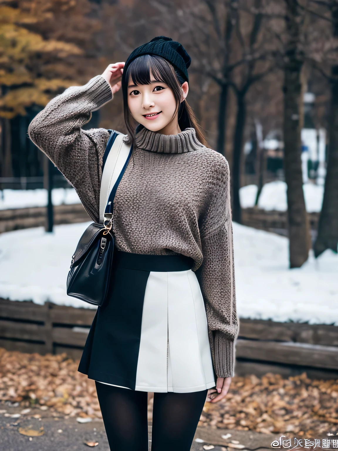 (masterpiece:1.2), super high quality, ((japanese girl)), (super realistic), (super photographic style), 1girl, sexy 18 yo girl, ((slender body)),  outdoor, skirt, sweater, winter day, (pitch black tights), 