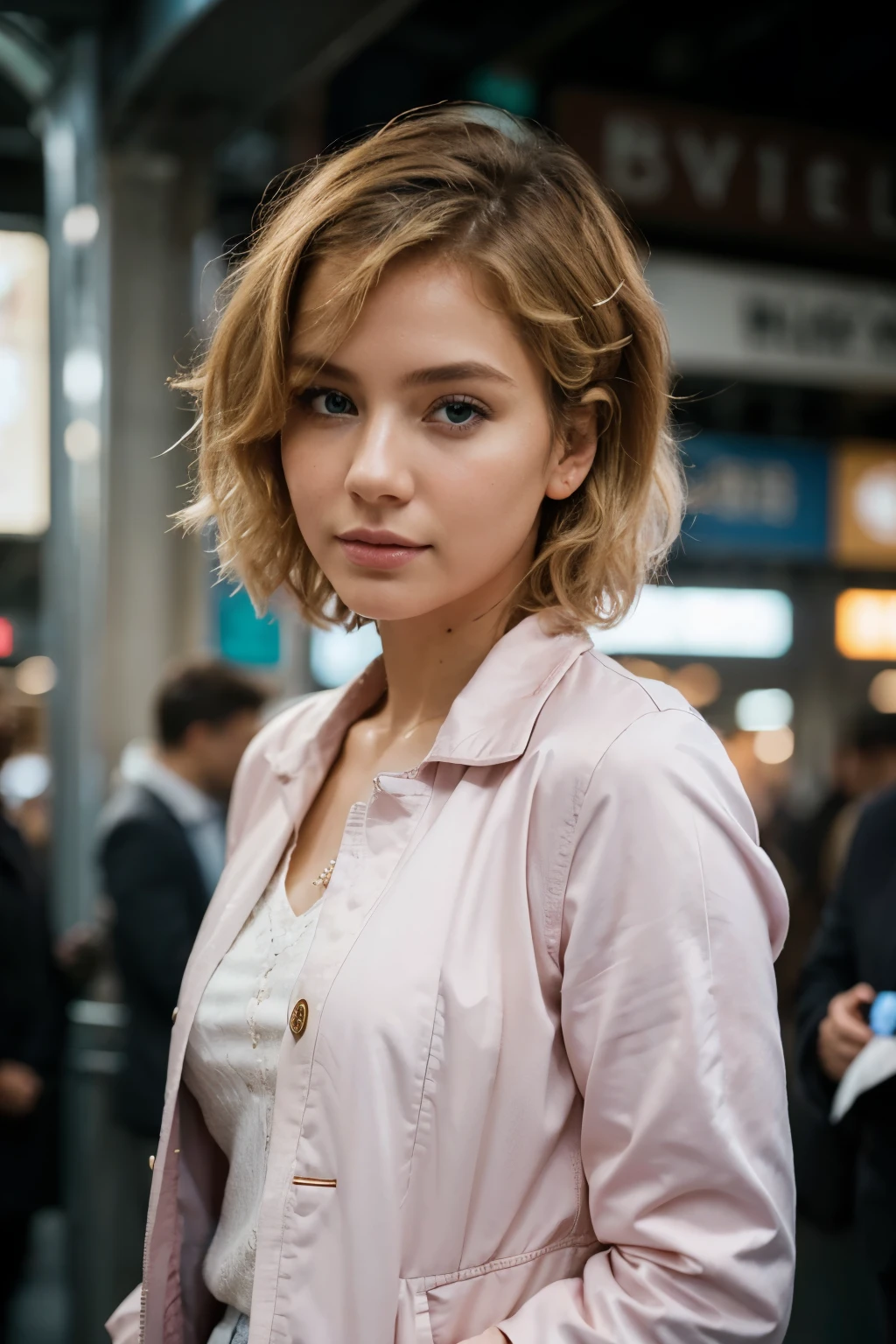 In the bustling Buenos Aires metro, a stunning woman with short curly blonde hair and captivating blue eyes captivates the attention of the camera lens. Dressed in a light pink jacket that contrasts beautifully with the urban scene, she exudes an aura of elegance and tranquility amidst the crowded carriage. The depth of field is shallow, with the woman's delicate features coming into sharp focus while the background blurs softly, creating a dreamlike bokeh effect. This 35mm photograph, rich in film grain texture, radiates professional-level quality with a resolution of 4k and highly detailed visuals. The composition perfectly captures the essence of a cinematic moment in