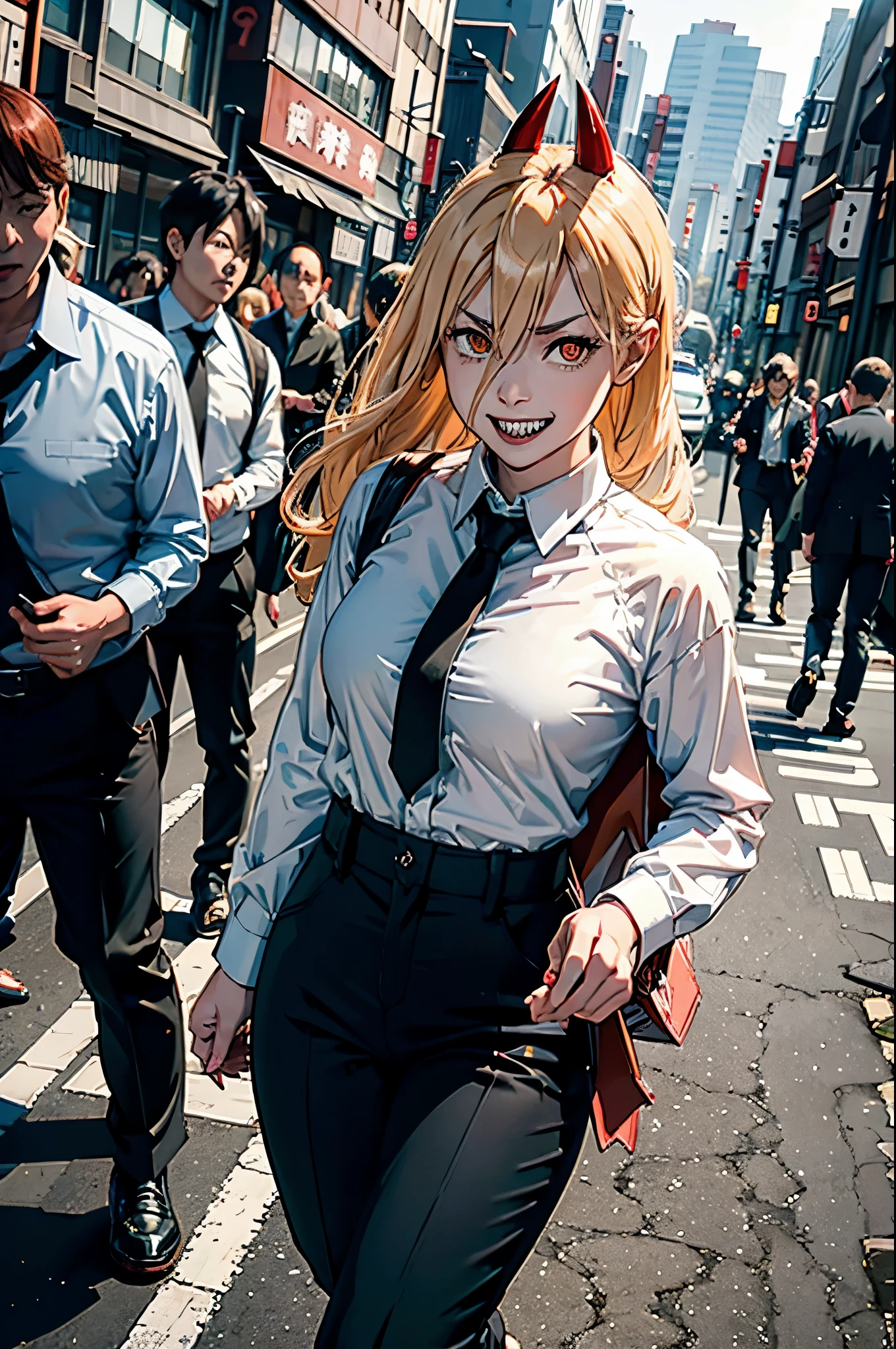 power from chainsawman, yellow vivid demon eyes, with her iconic two red horns on top her head, fangs, sharp teeth, wearing loose white long sleeve, black tie, black dark business pants, outdoor, busy day, tokyo, street, busy day, sunny, light rays, walking, cute, smiling