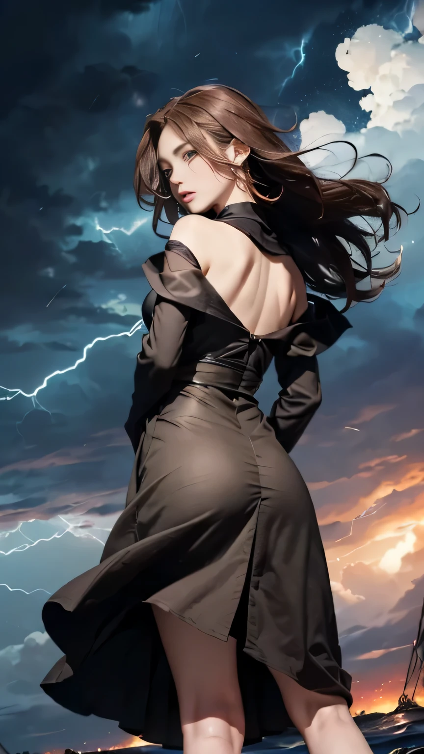 (((Masterpiece))),((top quality)),one beautiful girl,Pale, (A character that personifies Arashi.: 1.5), (((My long hair gets tousled in the storm:1.5)))、((Expressing strong wind:1.5)))、(belly button)、(The hem of my brown dress is blown up violently by the wind.:1.5),(plain clothes), (skin revealing),(The background is darkness with black clouds 1.5).(((from the front:1.5)))、(straight front: 1.5)、(((turn around:1.5)))、