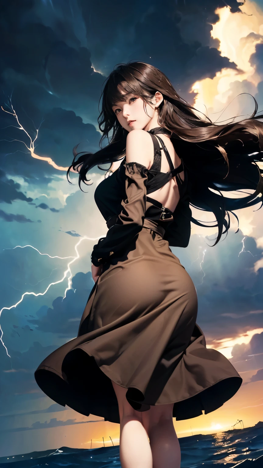 (((Masterpiece))),((top quality)),one beautiful girl,Pale, (A character that personifies Arashi.: 1.5), (((My long hair gets tousled in the storm:1.5)))、((Expressing strong wind:1.5)))、(belly button)、(The hem of my brown dress is blown up violently by the wind.:1.5),(plain clothes), (skin revealing),(The background is darkness with black clouds 1.5).(((from the front:1.5)))、(straight front: 1.5)、(((turn around:1.5)))、