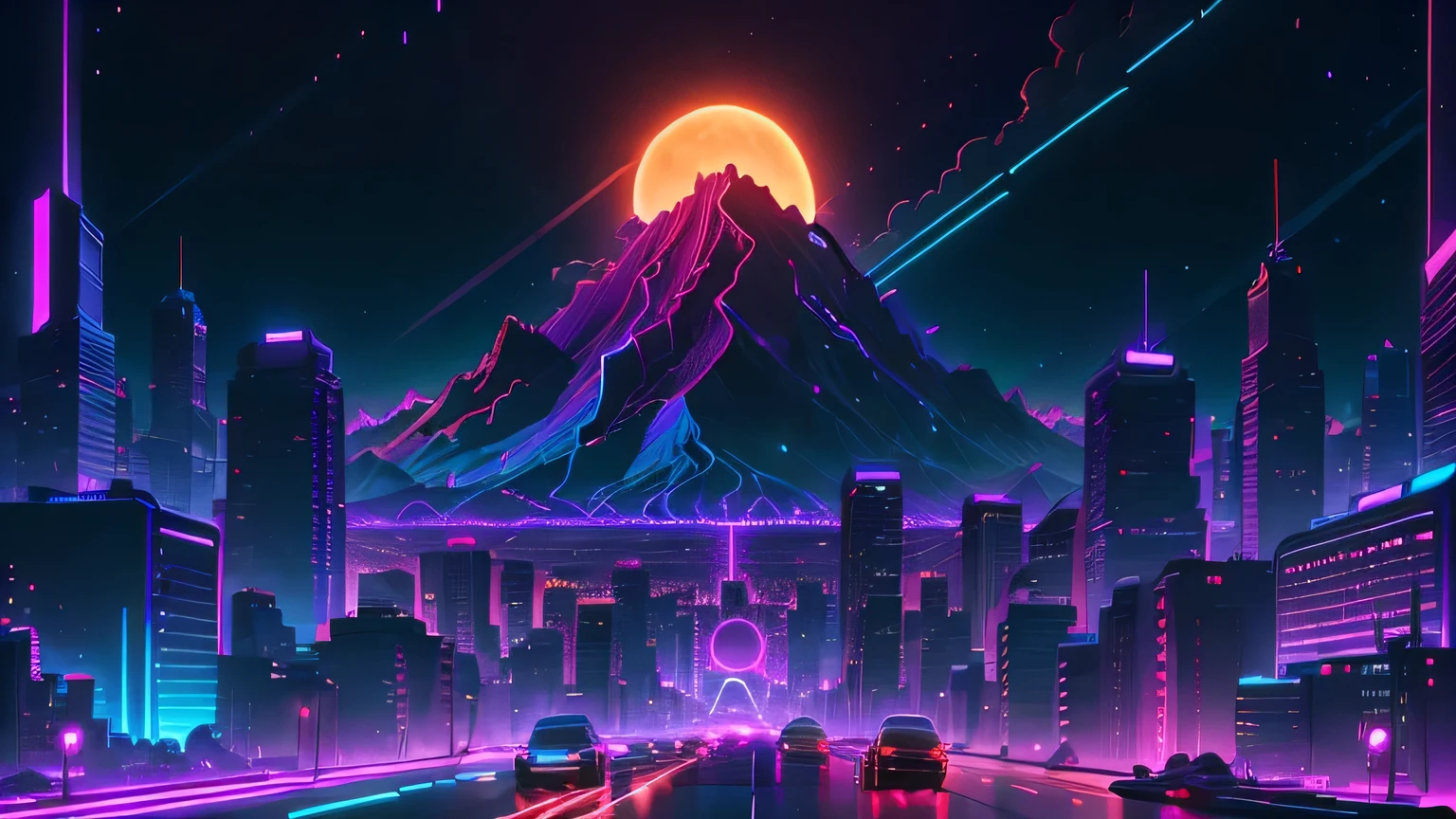 retrowave. city, robot, road,  purple neon lights, sun, mountain, 
(masterpiece,detailed,highres),