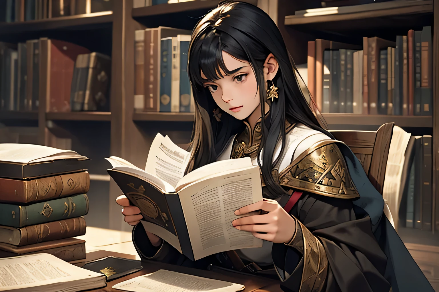 A young girl with long black hair is reading ancient parchments and records, medieval fantasy setting.