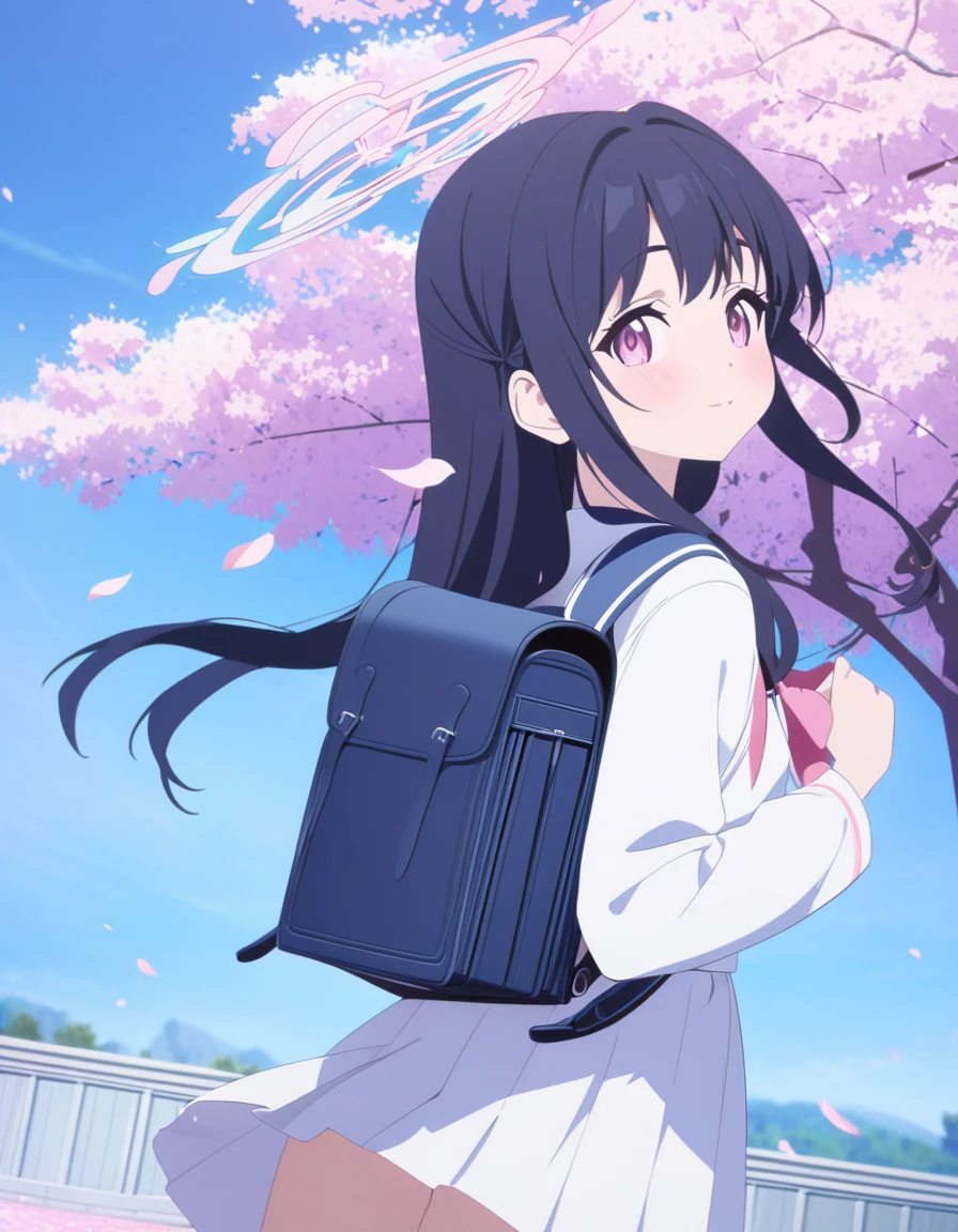 (masterpiece), (ultra-detailed), best quality, 8k, (randoseru backpack:1.0), texture pose, black hair、long hair、 、The girl stops and looks back、cherry blossom petals fall、Cherry blossom trees 、Camera work that shoots the girl from a distance、blue sky, anime style