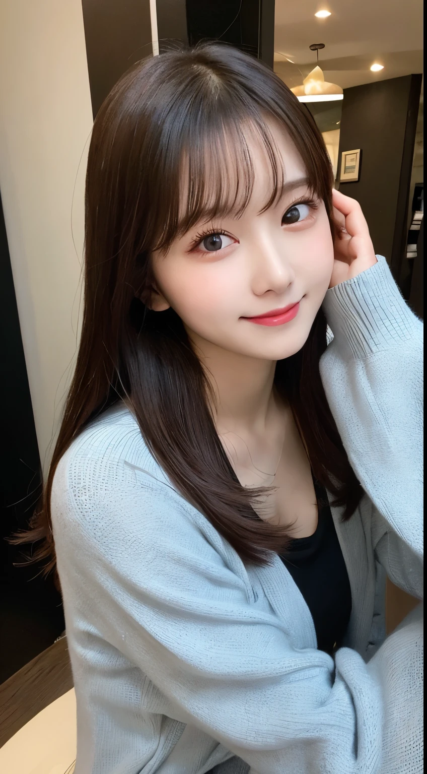 table top, highest quality, shape, Super detailed, finely, High resolution, 8k wallpaper, 完璧なダイナミックな構shape, beautiful and detailed eyes, small breasts, natural color lip, random sexy pose,smile,big city、20 year old girl、midnight、Beautiful and dense face、perfect and beautiful face,Big eyes、real photos(best image quality),long dress dress(long sleeve/blouse)、cardigan、Taken from above the knees、Shoot from the right side