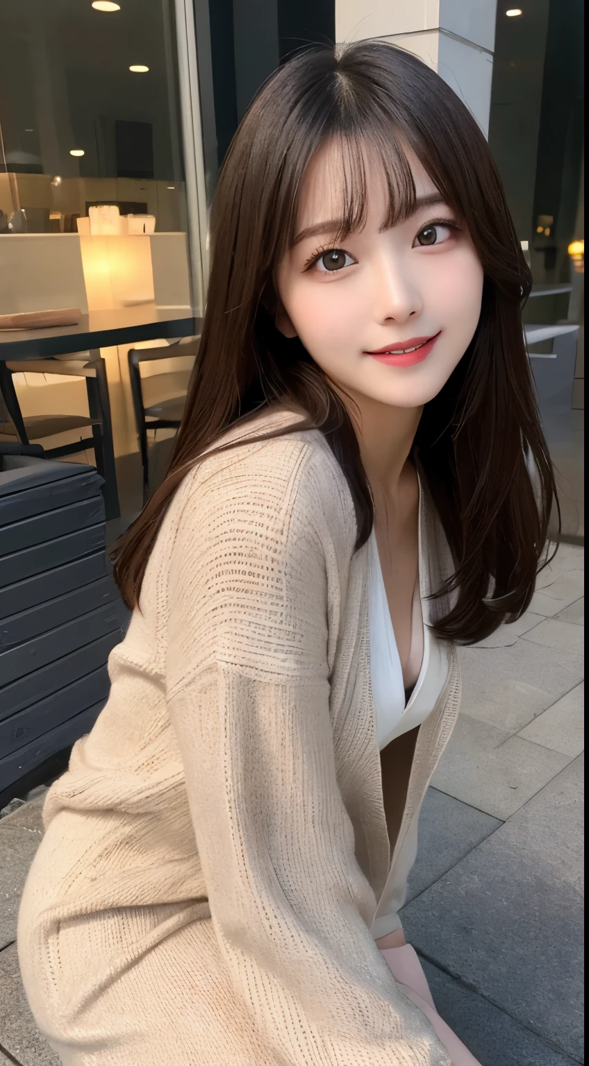 table top, highest quality, shape, Super detailed, finely, High resolution, 8k wallpaper, 完璧なダイナミックな構shape, beautiful and detailed eyes, small breasts, natural color lip, random sexy pose,smile,big city、20 year old girl、midnight、Beautiful and dense face、perfect and beautiful face,Big eyes、real photos(best image quality),long dress dress(long sleeve/blouse)、cardigan、Taken from above the knees、Shoot from the right side