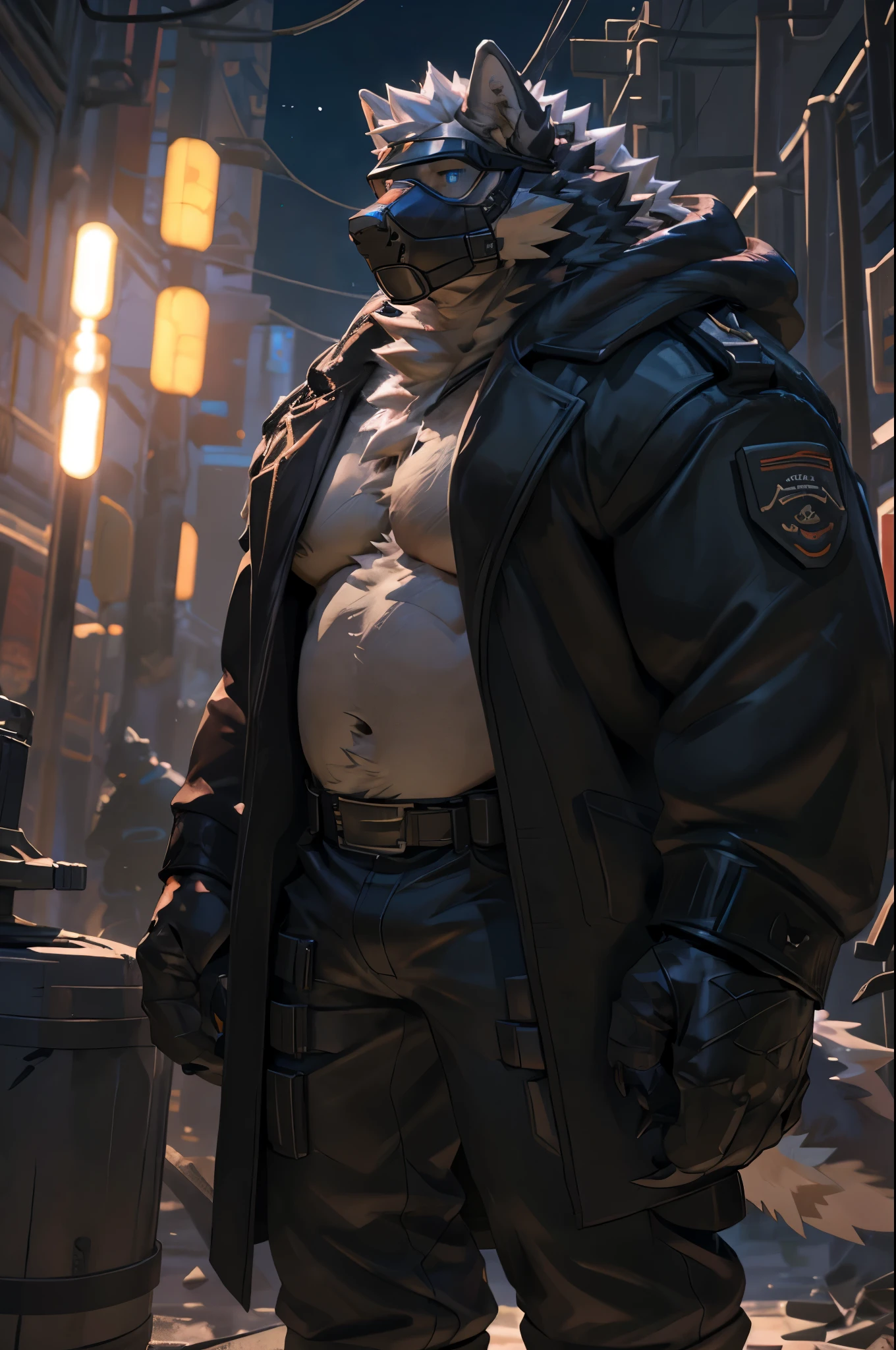 (by taran fiddler), (by darkgem:0.8), (by chunie:1), masterpiece, clothing, coat, trenchcoat, portrait, serious, looking at viewer, (javid:1.2), 4k, ultra detail, full body, grey furry body, male, solo, anthro wolf, detailed gas-mask, mechanical jawline, samurai mask , no eyes, eyes covered, blue eyes, wolf eyes, gas-mask face, mask teeth, mask tubes, mask grill mouth, mouth tubes, Bane mask, Monster mouth, Von Lycan, face hidden, eyes hidden, gas mask wolf, face covered by gas mask, no shirt, not wearing shirt, [no shirt],furry chest, huge chest, furry stomach, firm stomach, furry body, chiseled furry, detailed goggles, no eyebrows, face hidden, welding goggles, dark round sunglasses, dark goggles, black goggles, detailed eye goggles, epic, grey fur, white hair, perfect hands/ gloved hands, arms at sides, metal claw tips, facing camera, very tall, muscular wolf , No Horns, NO hat, towering, hulking tall, huge body, hulk, monstrous, huge muscles, wide shoulders, black leather, wearing a black leather trench coat, WW2 military style coat, long leather coat, no shirt, black leather gloves, metal finger claws, no insignia, black leather pants, leather straps on pants, black leather boots, long white hair; long perfect white hair, no shirt, corporate security, Resident Evil, face covered, long white hair, waist length hair, dark knight bane, silver buttons, detailed hands, dark, industrial militaristic background (detailed cyberpunk background at night), cyberpunk 