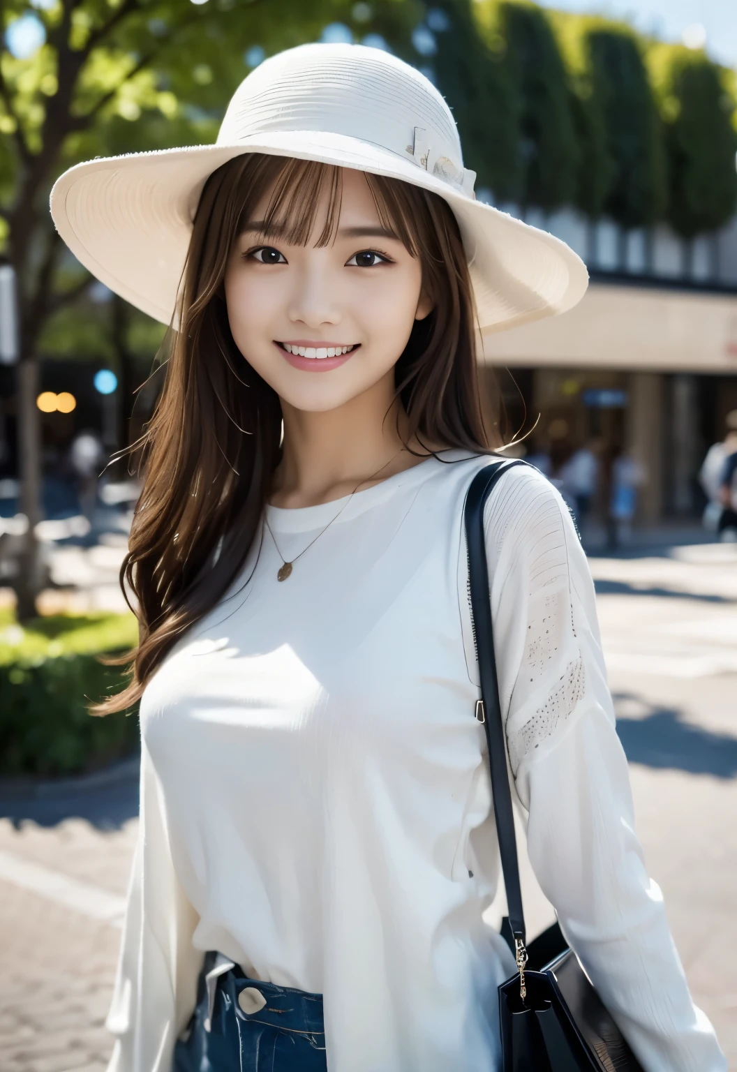 (((Shopping Centre:1.3, outdoor, Photographed from the front))), ((long hair:1.3, hat,white knit,Smile,japanese woman,cute)), (clean, natural makeup), (highest quality, masterpiece:1.3, 超High resolution), (Super detailed, caustics), (realistic:1.4, RAW shooting), very detailed, High resolution, 16K resolution