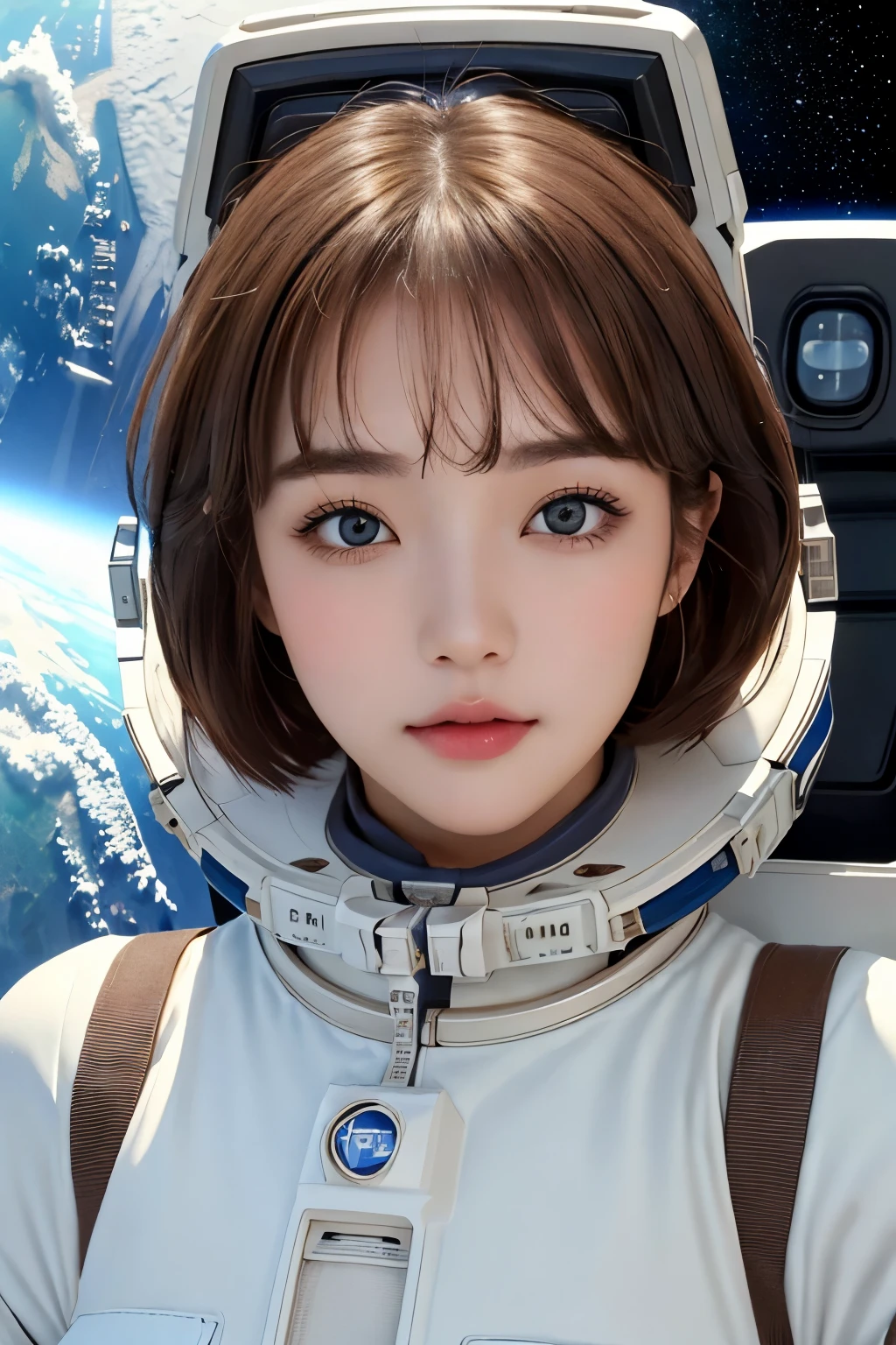 highest quality、masterpiece、ultra high resolution、(real:1.4)、Beautiful woman１、Beautiful details of eyes and skin、light brown short cut hair、small smile、latest space suit、space station、Remains、cloudy sky、