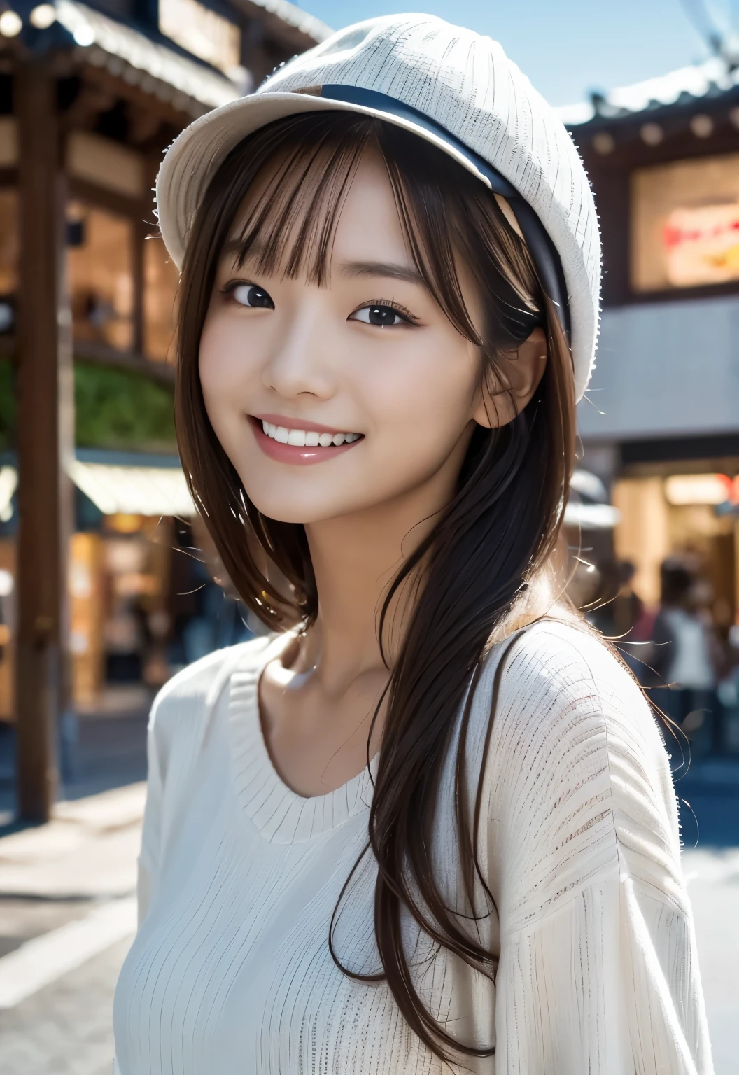 masterpiece,best quality,(Japanese ),((Beautiful girl)),cleavage,(perfect body beauty:1.2),(shy smile),beautiful teeth,(hat),(Blurred background of brick buildings),