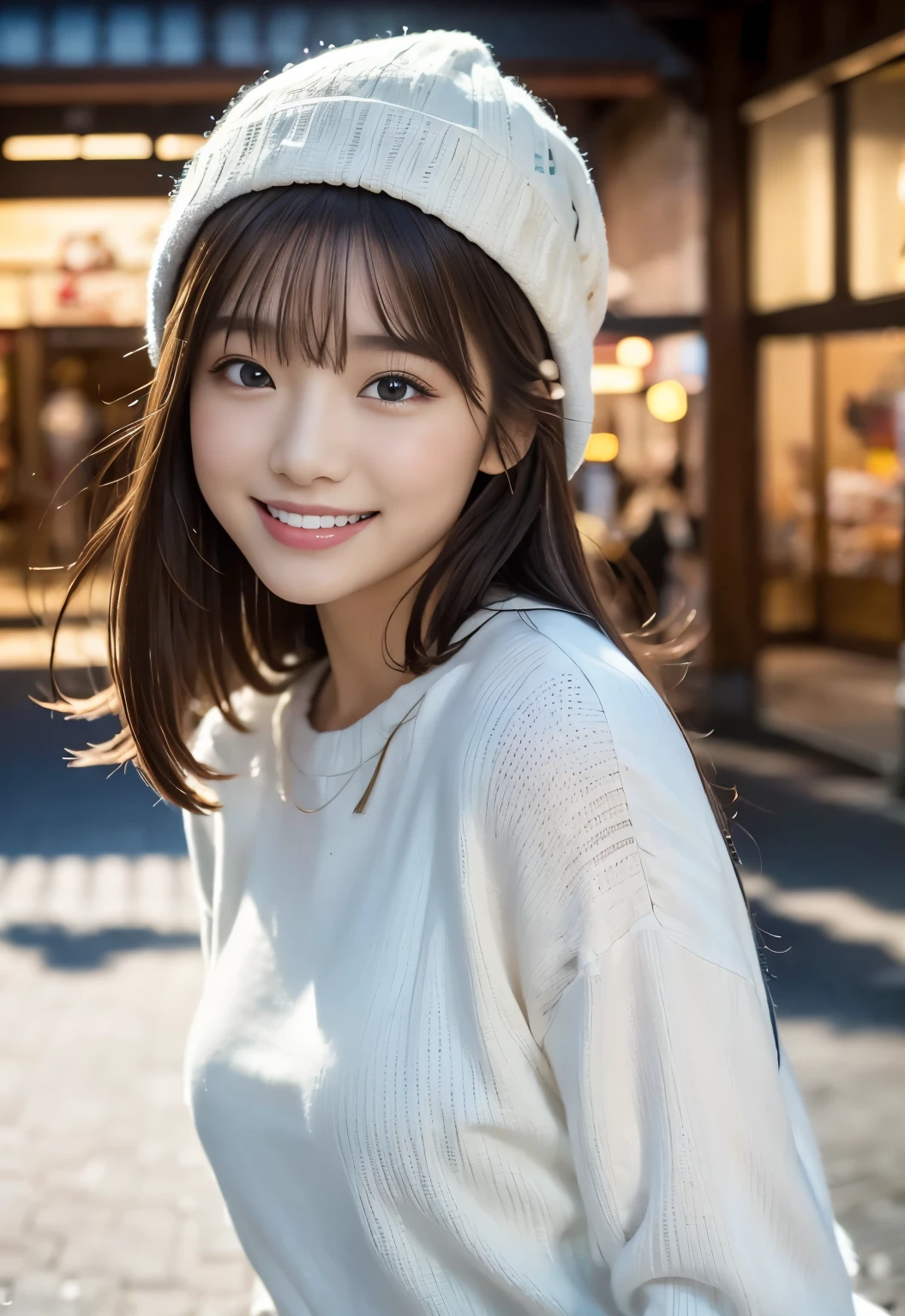 (((Shopping Centre:1.3, outdoor, Photographed from the front))), ((long hair:1.3, hat,white knit,Smile,japanese woman,cute)), (clean, natural makeup), (highest quality, masterpiece:1.3, 超High resolution), (Super detailed, caustics), (realistic:1.4, RAW shooting), very detailed, High resolution, 16K resolution