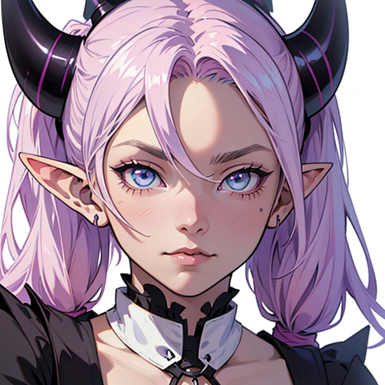 anime, masterpiece, best quality, by professional artist, female, solo, detailed composition, detailed eyes, (((close-up face portrait))), pink hair, pigtails, (((light blue eyes))), succubus, flat chested, seductive, wearing black and purple witch clothes, devil horns, (((white background))), elf ears