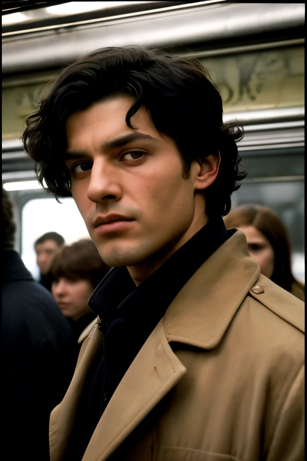 A cinematic photo captures the intense gaze of a man with short, curly black hair as he glares into the camera, hate burning in his piercing eyes. The crowded Russian metro carriage provides an intriguing backdrop, with people pressed against each other in the dimly lit space. The man wears a black jacket that contrasts sharply with thegray, dreary surroundings. This 35mm photograph, masterfully taken with film, features beautiful bokeh that softens the edges of the people in the background, emphasizing the man's raw emotion. The professional composition and high resolution of 4k make every detail stand out, from the anger etched on the man's face to the