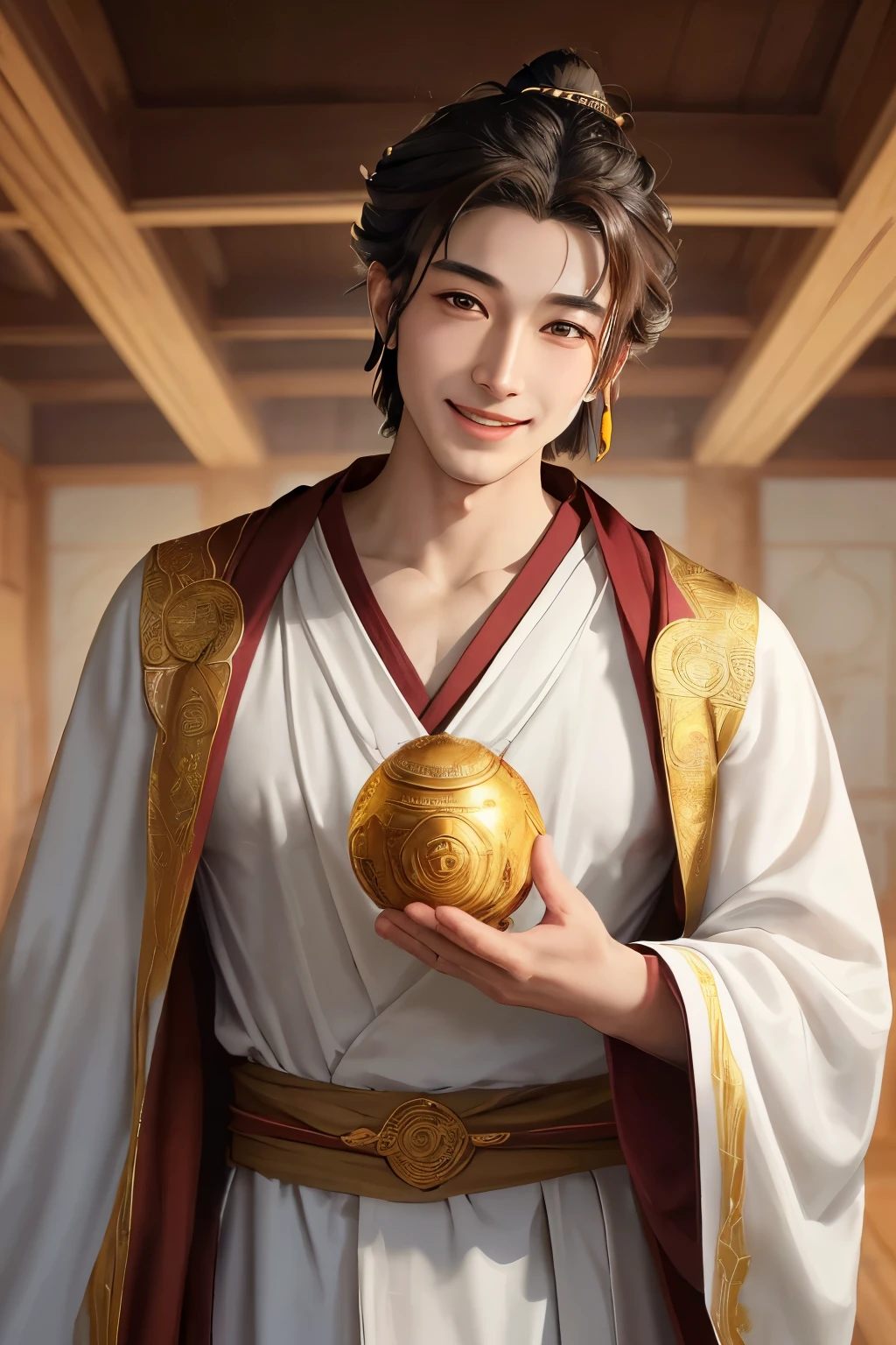In the image, envision a front-facing, human-like depiction of Kannon (Avalokiteshvara), the compassionate Bodhisattva. His countenance radiates deep compassion and wisdom, shown through his beautifully detailed, piercingly gentle brown eyes, which seem to gaze into the depths of one's soul. His serene, flawless face is adorned with delicate, painted lines, accentuating his noble features. His smile, full of warmth and kindness, lights up his face, revealing perfectly white and even teeth.
He is dressed in traditional monk robes, wearing a saffron-colored robe with intricate golden patterns woven into it