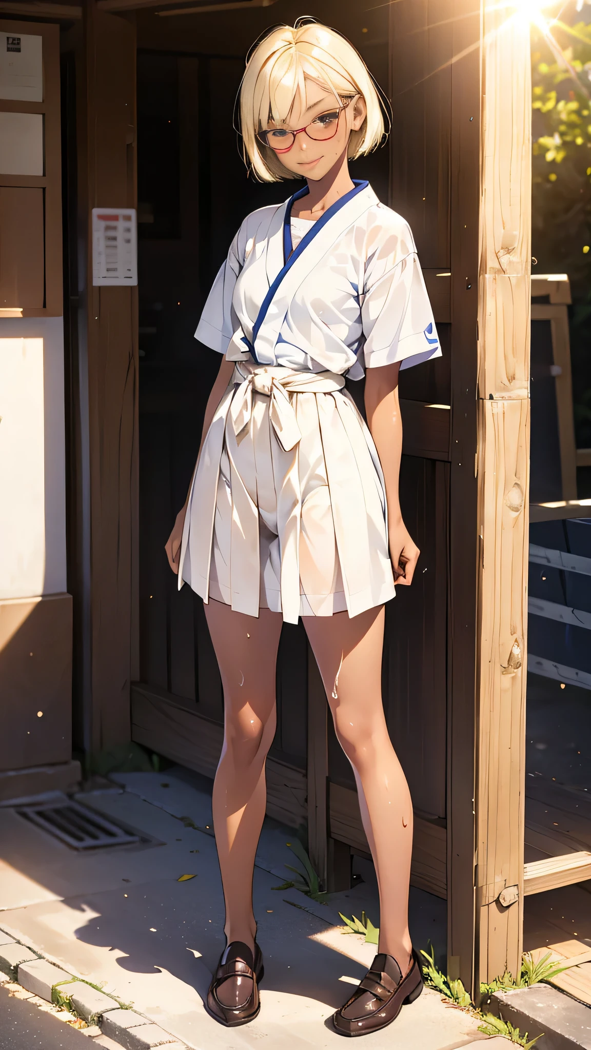 (super flat, flat shading), Honors Type, Really blushing, 17 years old, Japanese school girl, Short bob cut blonde hair, Glasses, (((sun burn dark skin))), sweaty healthy body, mesugaki smile, , bare legs, loafers, ultra realistic, early morning, standing in crowded street,