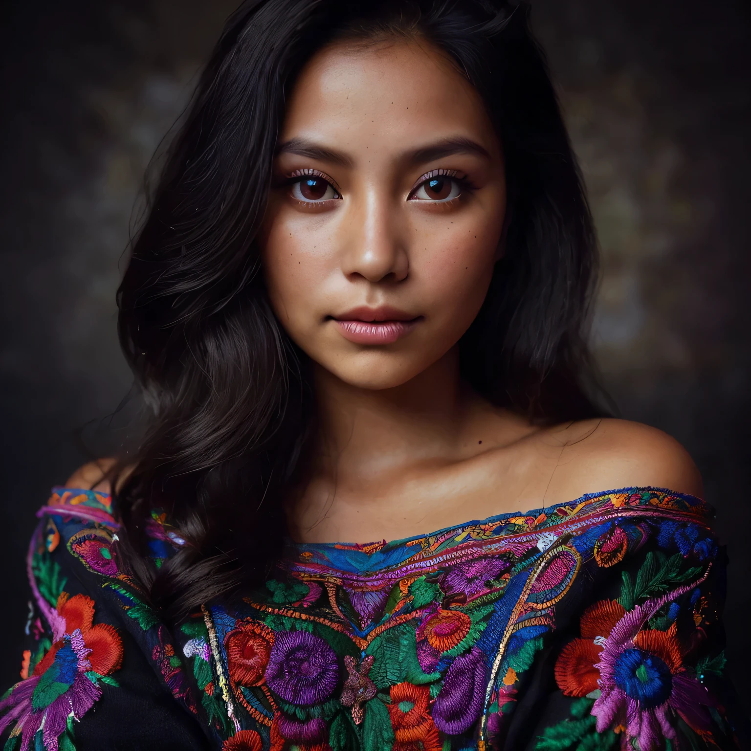 Imagine a woman from Quiché, Guatemala, with captivating beauty that radiates grace and elegance. Her dark hair falls in soft waves over her shoulders, framing an angelic face with deep, luminous eyes that reflect the essence of her ancestral land. She is wearing a traditional Quiché huipil, adorned with intricate embroidery that represents the cultural richness and history of her people. The vibrant colors of the huipil highlight her dark complexion and contrast long her