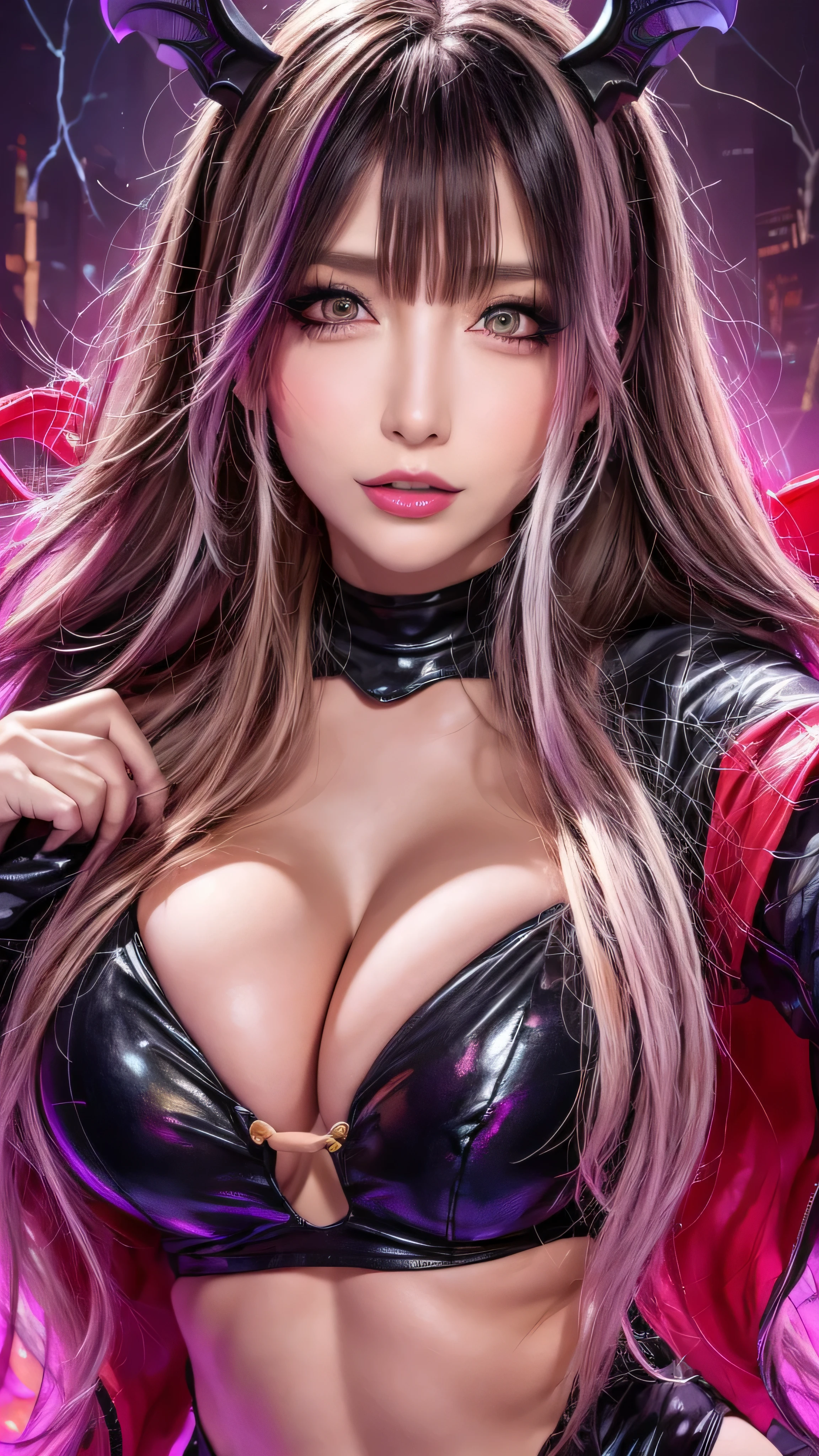 korean mature woman，Cyberpunk futuristic city at night，（（（T Masterpiece）））， （（best quality））， （（intricate details））， （（ultra realistic realism））， stupid solution， mature woman， ripe woman， very detailed， An illustration，（（large breasts））， perfect hands， detailed fingers， beautiful detailed eyes，long whipped hair, (((Morrigan Aensland, blunt bangs, pink twintail hair, {fur fur boa scarf:1.2}))) ，Detailed background， perfect eyes， enchanting eyeouth slightly open,((Thunder god scythe clad in red light, A bewitching figure, One big breasted girl with saggy breasts:1.6)))
