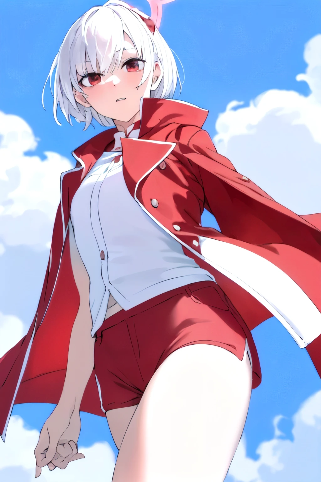 Wearing red shorts and white shirt、anime girl in red coat, White hair, White hair deity, fleet collection style, perfect White hair girl, White short hair girl, White-haired, White hair lady, wearing clothes, white hair girl, Fate-like anime style/overnight