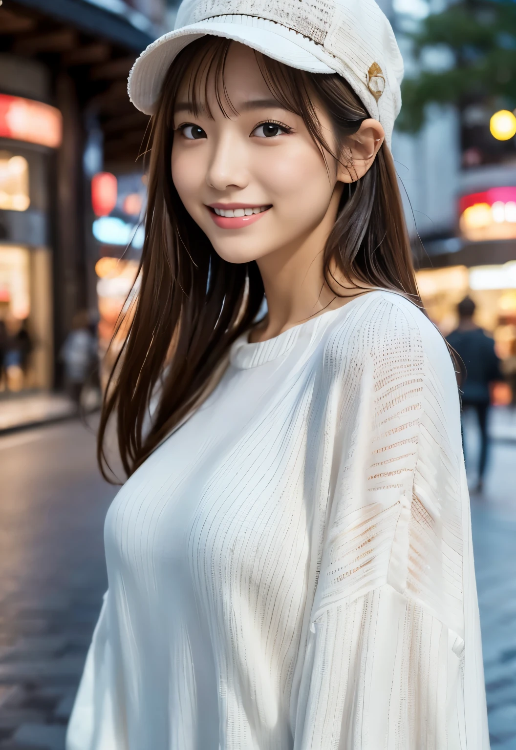 (((Shopping Centre:1.3, outdoor, Photographed from the front))), ((long hair:1.3, hat,white knit,Smile,japanese woman,cute)), (clean, natural makeup), (highest quality, masterpiece:1.3, 超High resolution), (Super detailed, caustics), (realistic:1.4, RAW shooting), very detailed, High resolution, 16K resolution