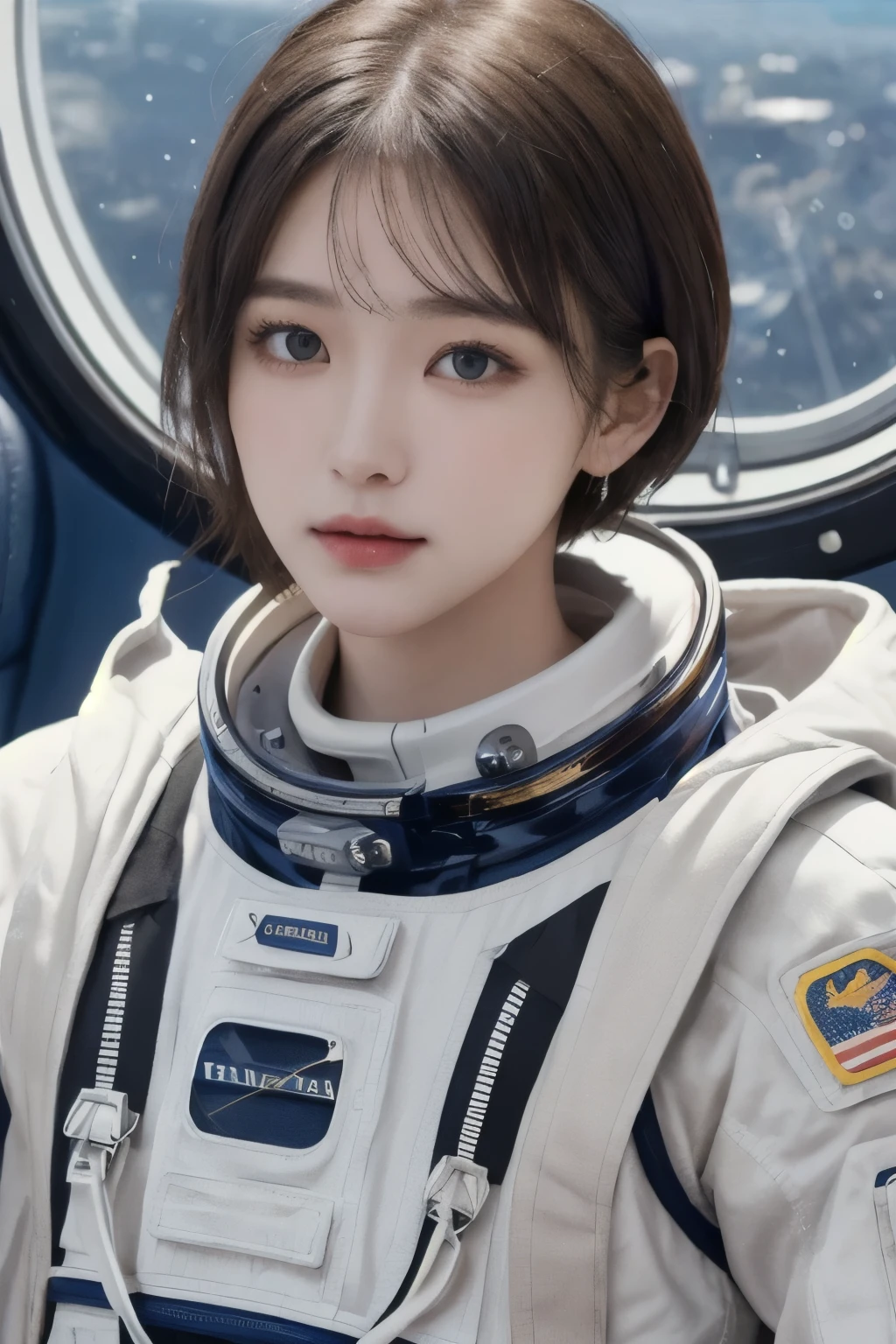 highest quality、masterpiece、ultra high resolution、(real:1.4)、Beautiful woman１、Beautiful details of eyes and skin、light brown short cut hair、small smile、latest space suit、space station、Remains、cloudy sky、