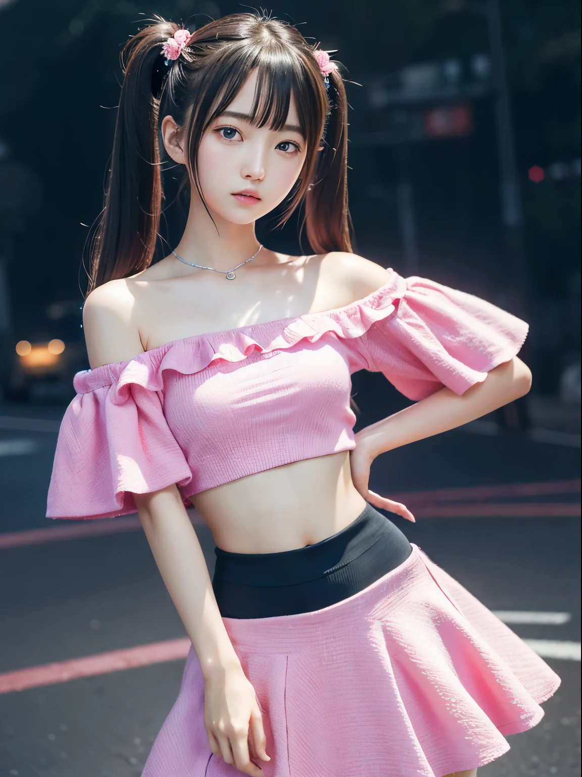 frilly pink skirt, pink crocs shoes, twin tails,red backpack,tshirt, solo, woman, (pyoapplev1:1.05), pyoapple, (parted lips,light smile),(shiny skin:1.1),blush, ((bangs)), long hair,skindentation, ((slim skinny body)), (long legs), model figure, best quality, ultra high res, (photorealistic), (detailed face and eyes), industrial slum cyberpunk dystopia background,