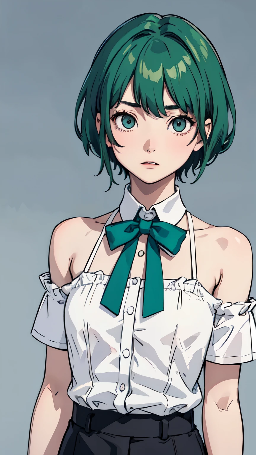 En un escenario urbano, An 18-year-old girl with short shoulder-length green hair and eyes of the same color stands out. He wears a white short-sleeved shirt with a pink bowtie around his neck., complementada con una falda corta del mismo tono. His expression reflects confidence and determination.