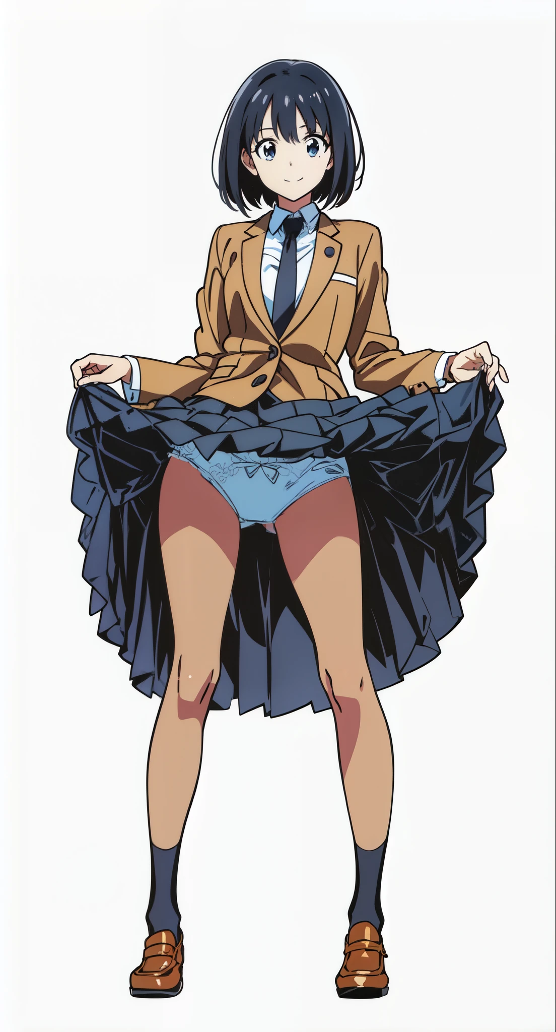 (best quality:1.0), (masterpiece:1.0), (super fine illustration:1.0), (beautiful artwork:1.0), (anime screencap:1.0), (official art:1.0), (tareme:1.5), (cheerful:1.5), (light smile:1.5), (detailed white cotton panties:1.0), (white background:1.0), (best quality:1.0), (masterpiece:1.0), (super fine illustration:1.0), (beautiful artwork:1.0), (anime screencap:1.0), (official art:1.0), (full body:1.0), (solo:1.0), (HSGA:1.0), (a 18yo cute girl:1.0), (long skirt:1.0), (dark blue skirt:1.0), (pleated skirt:1.0), (school uniform beige blazer:1.0), (dark blue necktie:1.0), (loafers:1.0), (black socks:1.0), (ideal ratio body proportions:1.0), (lanky:1.0), (tall:1.0), (slender:1.0), (small breasts:1.0), (smaller face:1.0), (tareme:1.0), (detailed beautiful eyes:1.0), (detailed beautiful face:1.0), (glowing black eyes:1.0), (bob cut hair:1.0), (black hair:1.0), (standing:1.0), (looking at viewer:1.0)