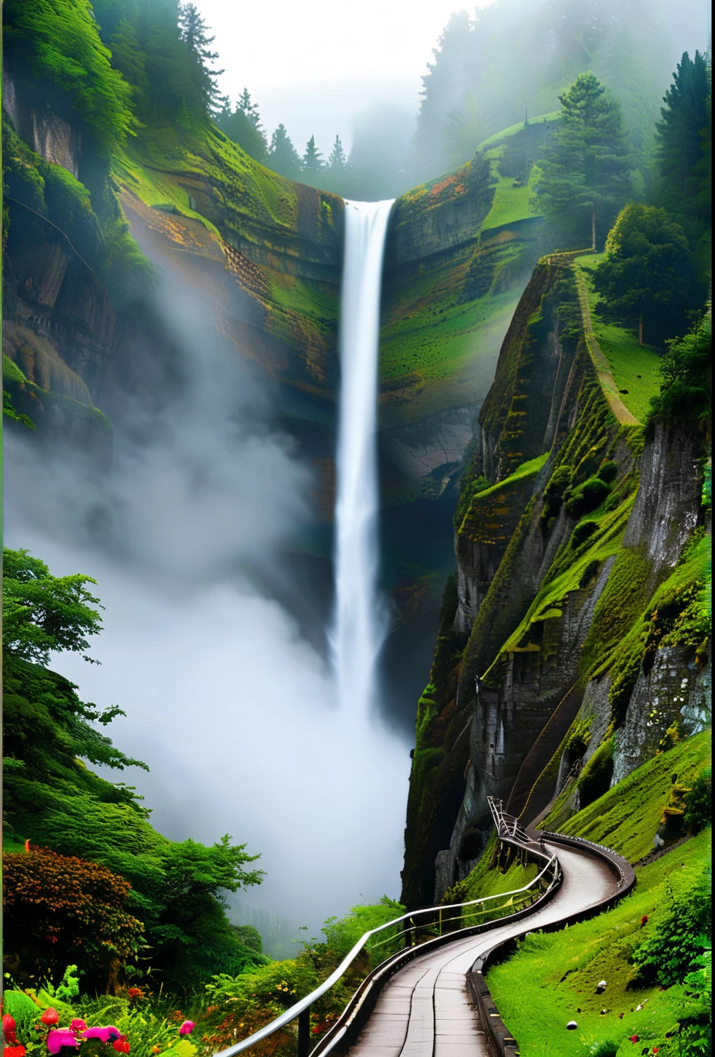 A photo taken from a distance of the road leading to the waterfall, The blossoming road leading to heaven, beautiful and mysterious, beautiful feces, Beautiful images ever created, magical landscape, shining swirling fog, really beautiful nature, magical colors and atmosphere, very beautiful、ethereal, course, magical colors and atmosphere, so magical and dreamy, stairway to heaven, awesome wallpaper