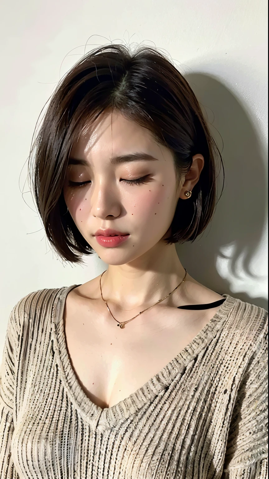 (Best quality, 8k, 32k, Masterpiece, UHD:1.2),Photo of Pretty Japanese woman, large breasts, very short bob hair,upper body,face focus, oversized_sweater, necklace, simple background, from above, closing eyes