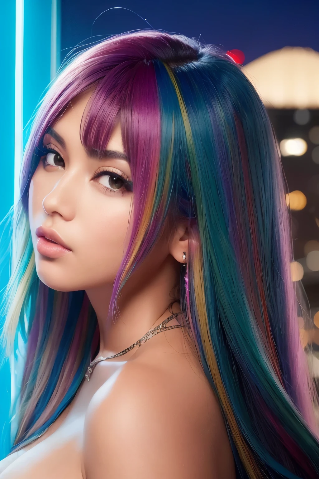 (hiper realista:1.35), (realista:1.4), 1 Chica brasileira, closeup, mordiendose los labios, en ropa sexy, cabello multicolor, entrepierna de cangrejo, de espaldas, night, large neon hotel room 