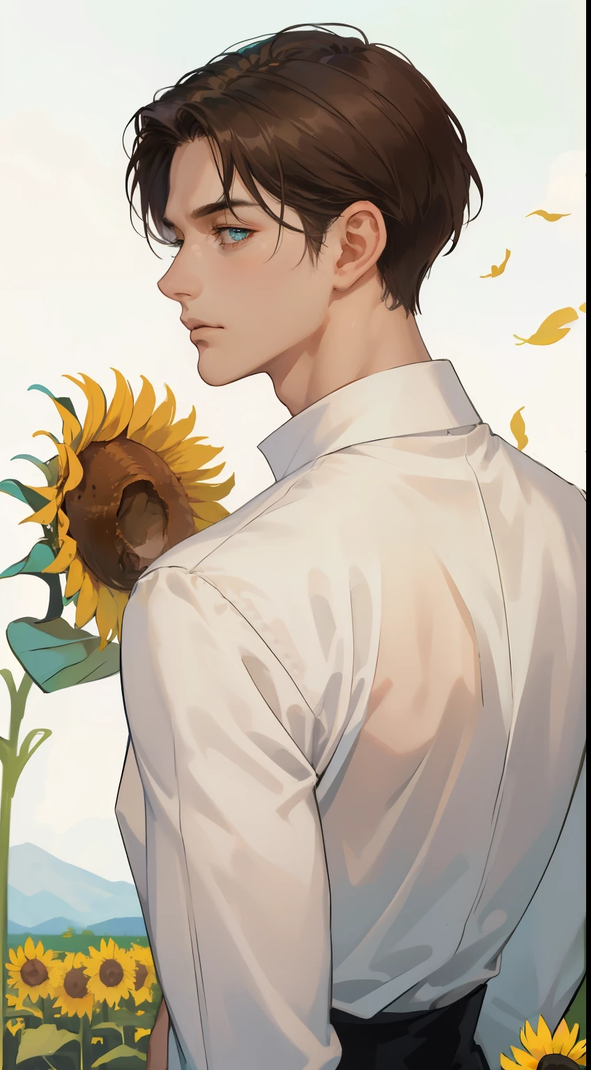 masterpiece, best quality, realistic, 1man, male focus, male model, tall muscular, handsome, closed mouth, simple clothes, portrait,extremely detailed face, short brown hair, flying bangs, turquoise eyes, white background, simple background, SIDE VIEW, looking at the viewers, view from the back, sunflower field, MALE ONLY, MALE