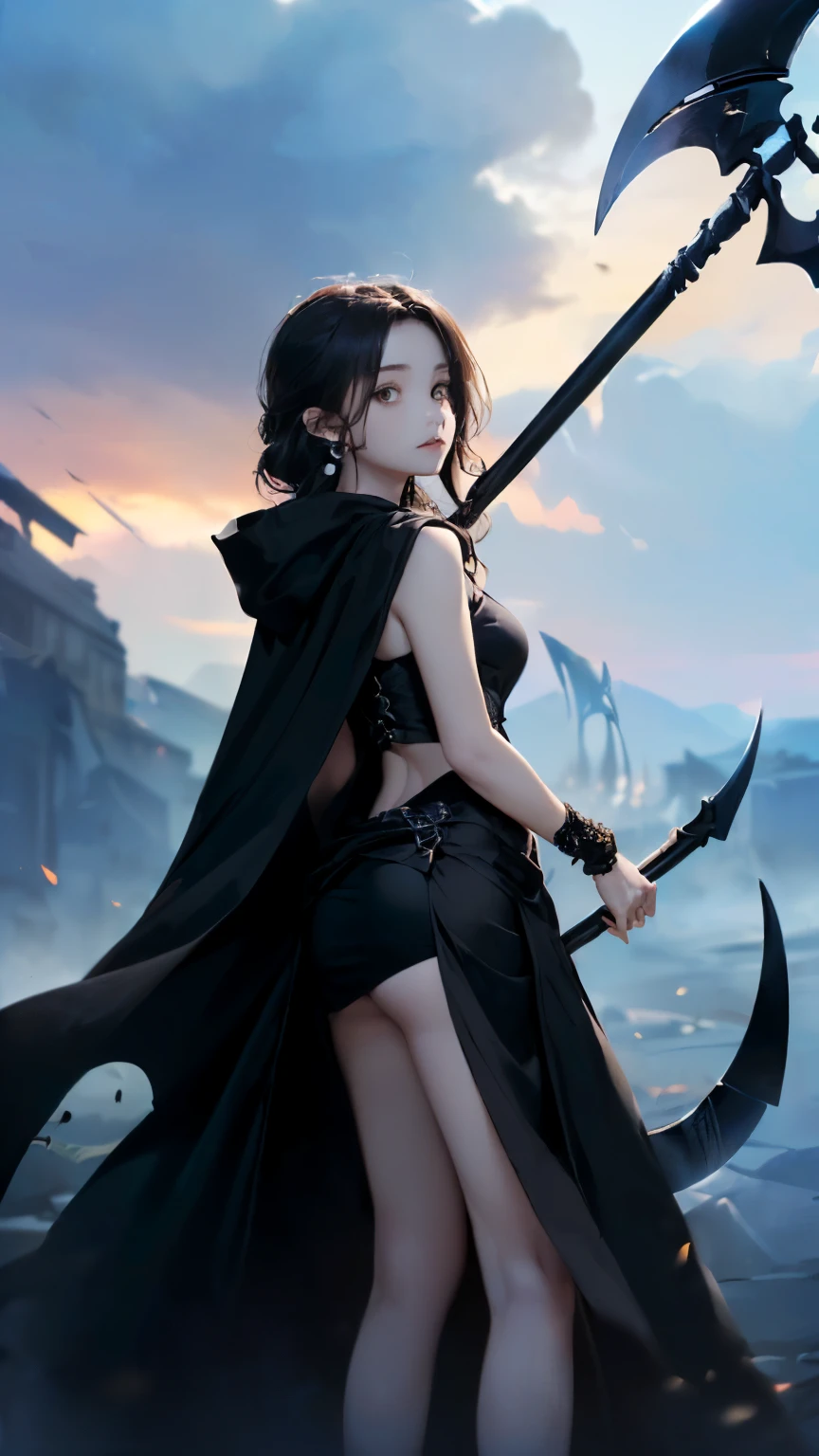 extremely detailed CG unity 8k wallpaper of a pretty  girl like Princess shirtless with a cloak wearing a hood,wearing a grim reaper costume,little girl with a scythe,art by krenz cushart and artgerm and ShunyaYamashita, she is about 9 years old and mixture between french and japanese,perfect symmetrical pretty face,little girl nipples is showing, background is beautiful sky and black butterfly in golden hour lighting,Halloween, strong rim light,black and purple flame, intense shadows, artstation, artgerm, concept art, sharp focus,highly detailed digital painting,artstation,smooth,hard focus,illustration,high resolution,award winning,artstation,perfect symmetrical pretty face,beautiful little girl,