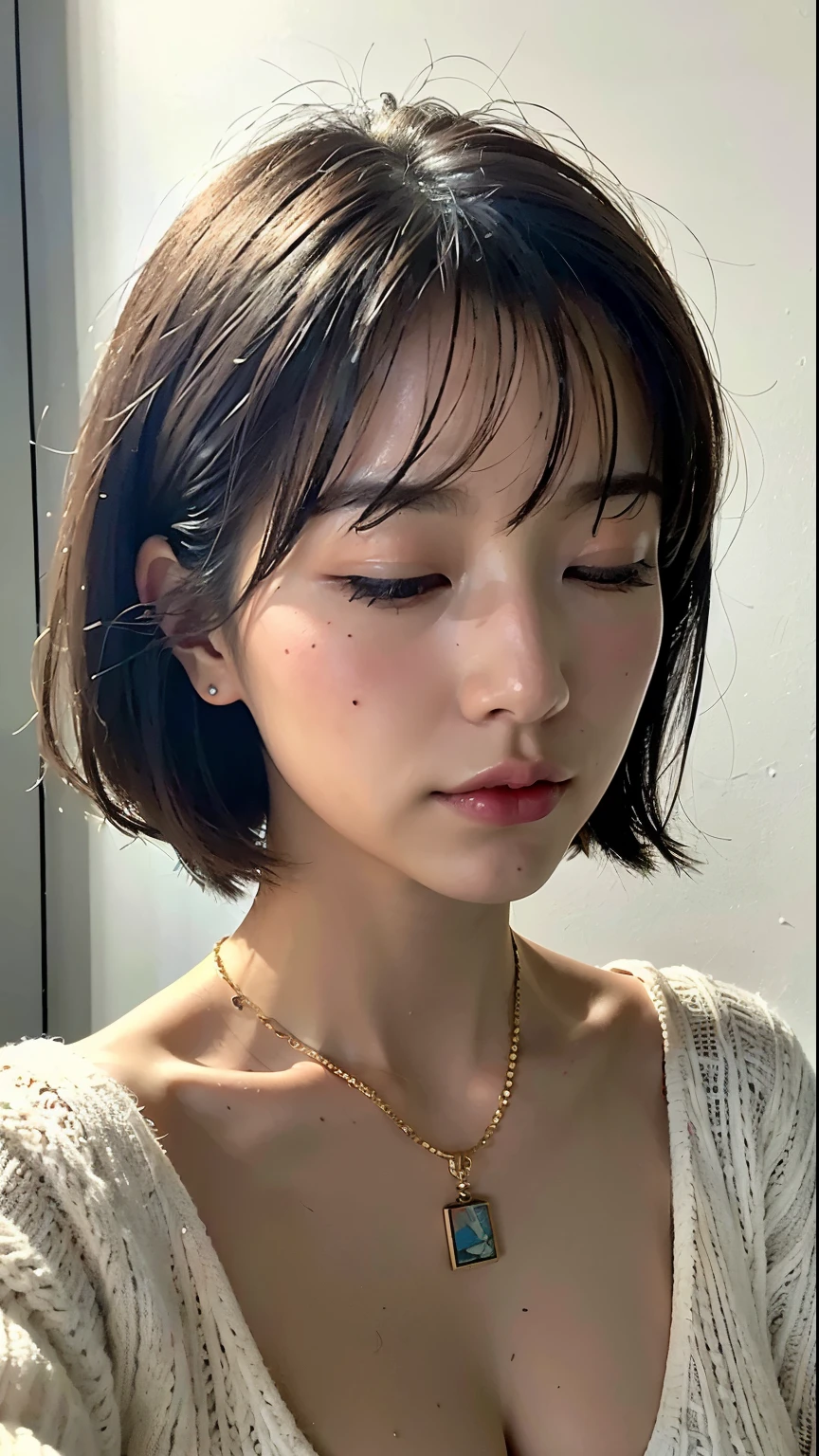 (Best quality, 8k, 32k, Masterpiece, UHD:1.2),Photo of Pretty Japanese woman, large breasts, very short bob hair,upper body,face focus, oversized_sweater, necklace, simple background, from above, closing eyes